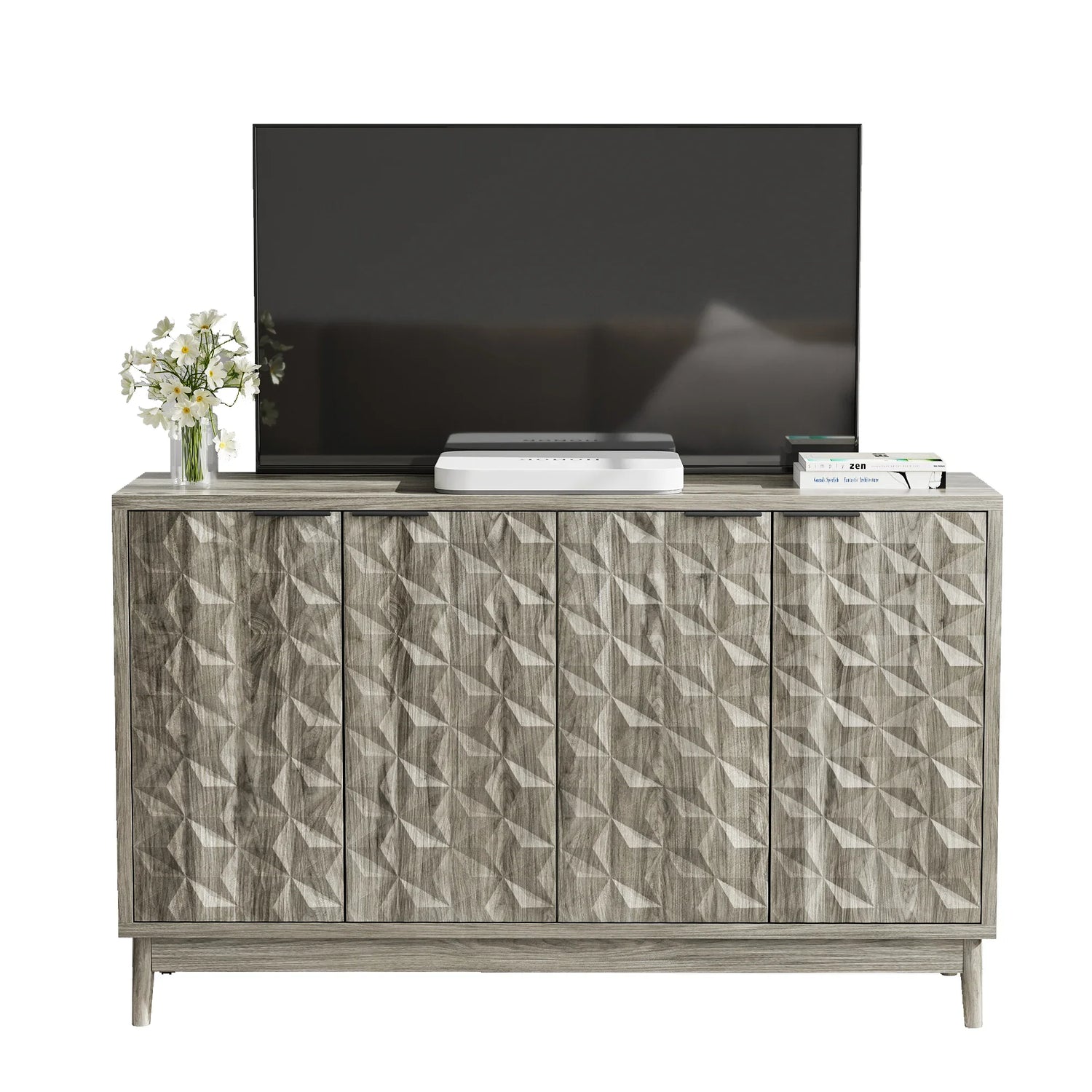 Modern Style Buffet Cabinet ,Sideboard Buffet Cabinet With Storage, Storage Cabinet with 4 Diamond-shaped relief Doors For Living Room, Dining Room, Entryway, Hallway, Kitchen, Grey