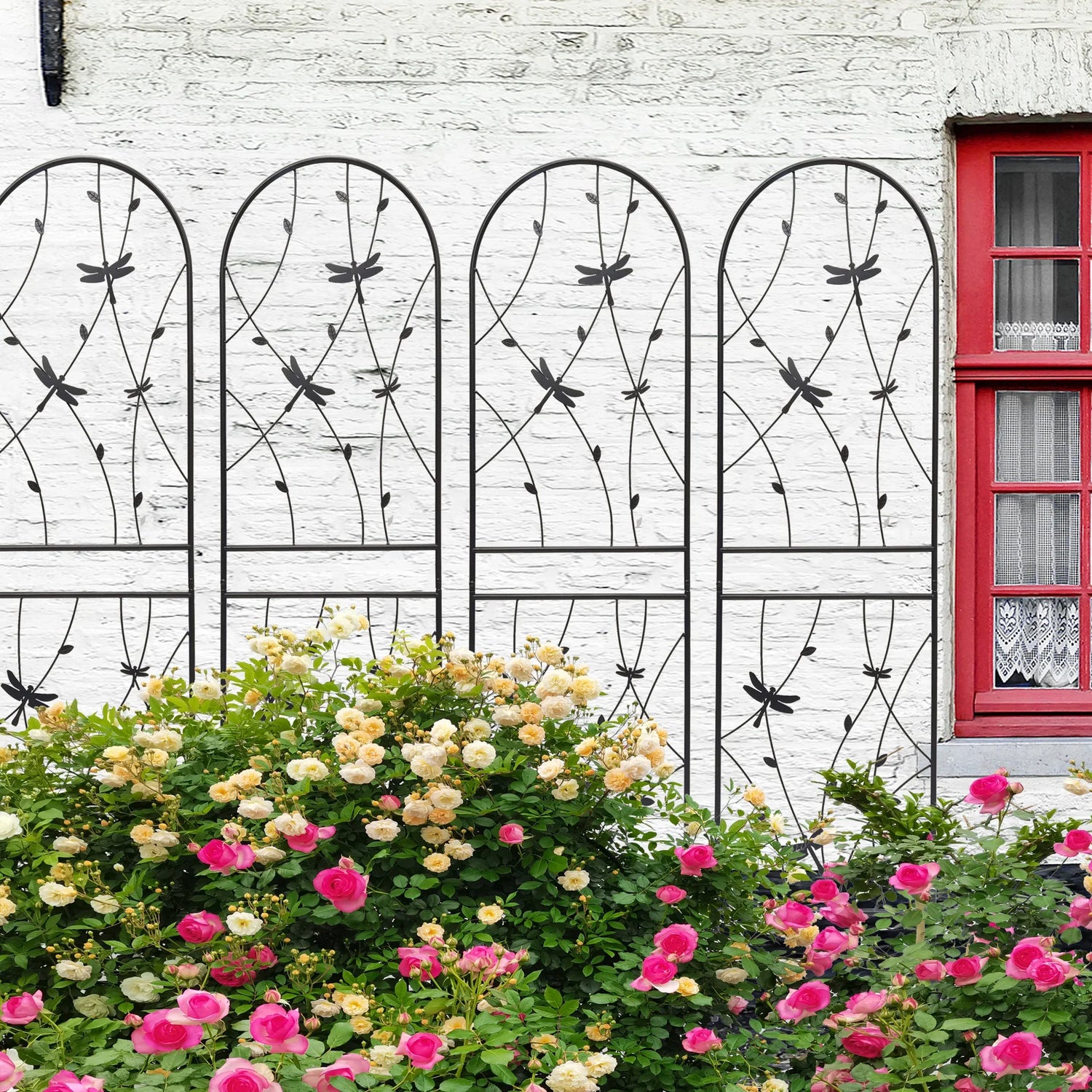 4 Pack Metal Garden Trellis 71' x 19.7' Rustproof Trellis for Climbing Plants Outdoor Flower Support Dragonfly Deco Black