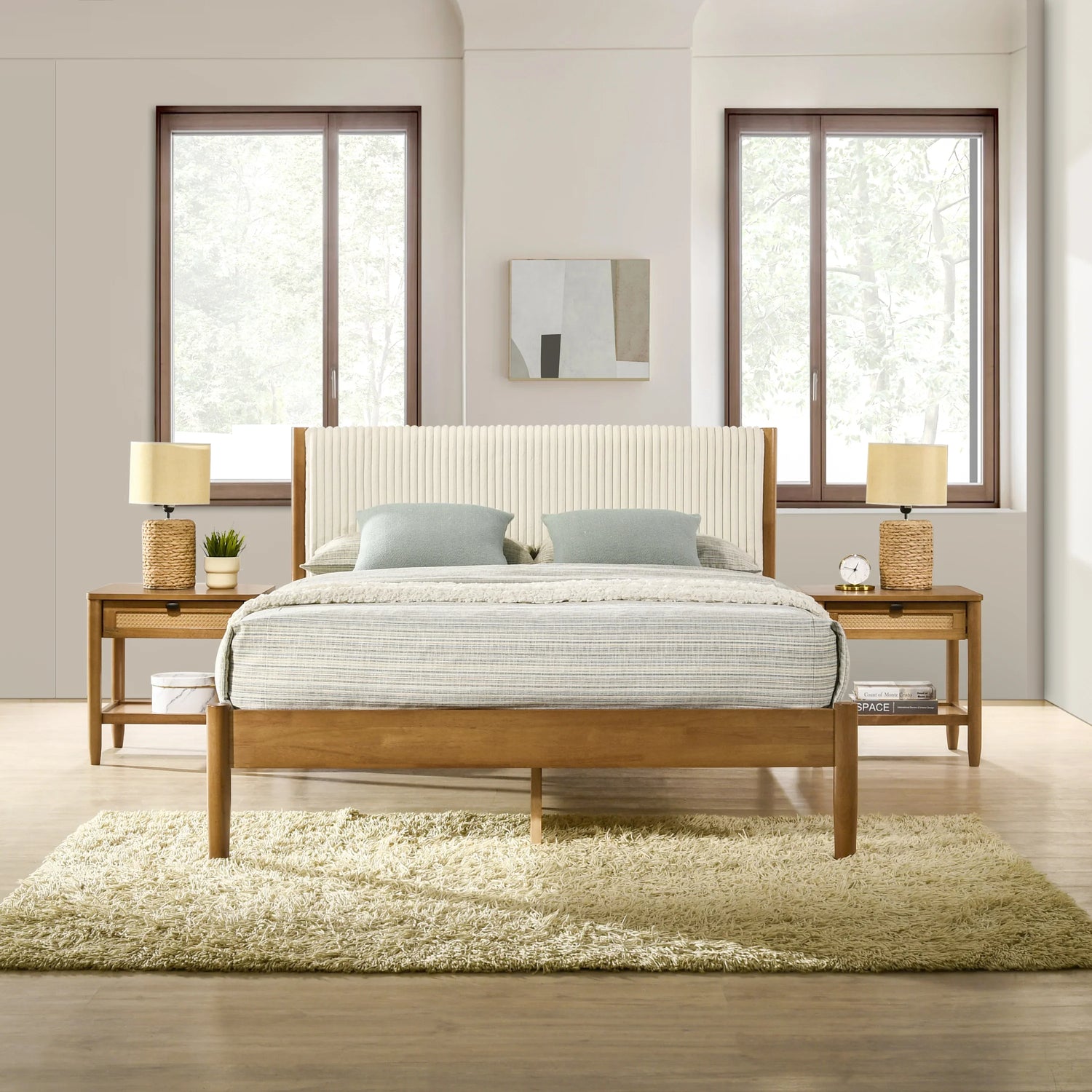 Vichy 3-Piece Rubberwood Corduroy Bedroom Set, Platform Bed with Two Nightstands, Queen