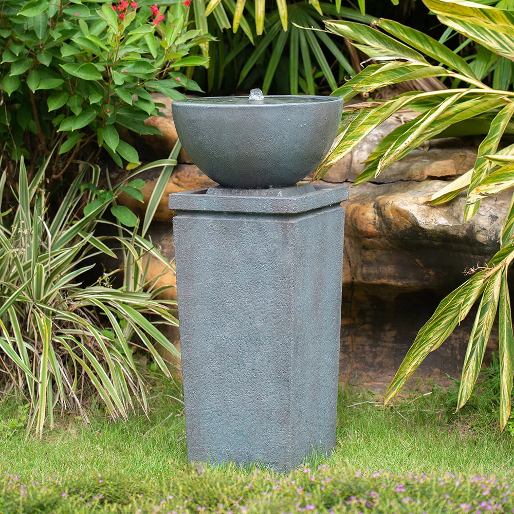 Fuente de agua Zen Bowl de poliresina gris de 109 cm, comedero para pájaros/fuente de baño para exteriores, fuente relajante para jardín, césped, patio, porche.