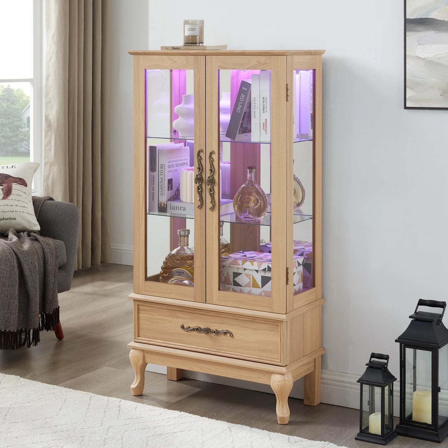 Lighted Curio Cabinet - Elegant Glass Display Cabinet with Adjustable Shelves, 2 Doors, and 1 Drawer - Wine Storage Sideboard with Included Bulb - Light Oak Finish