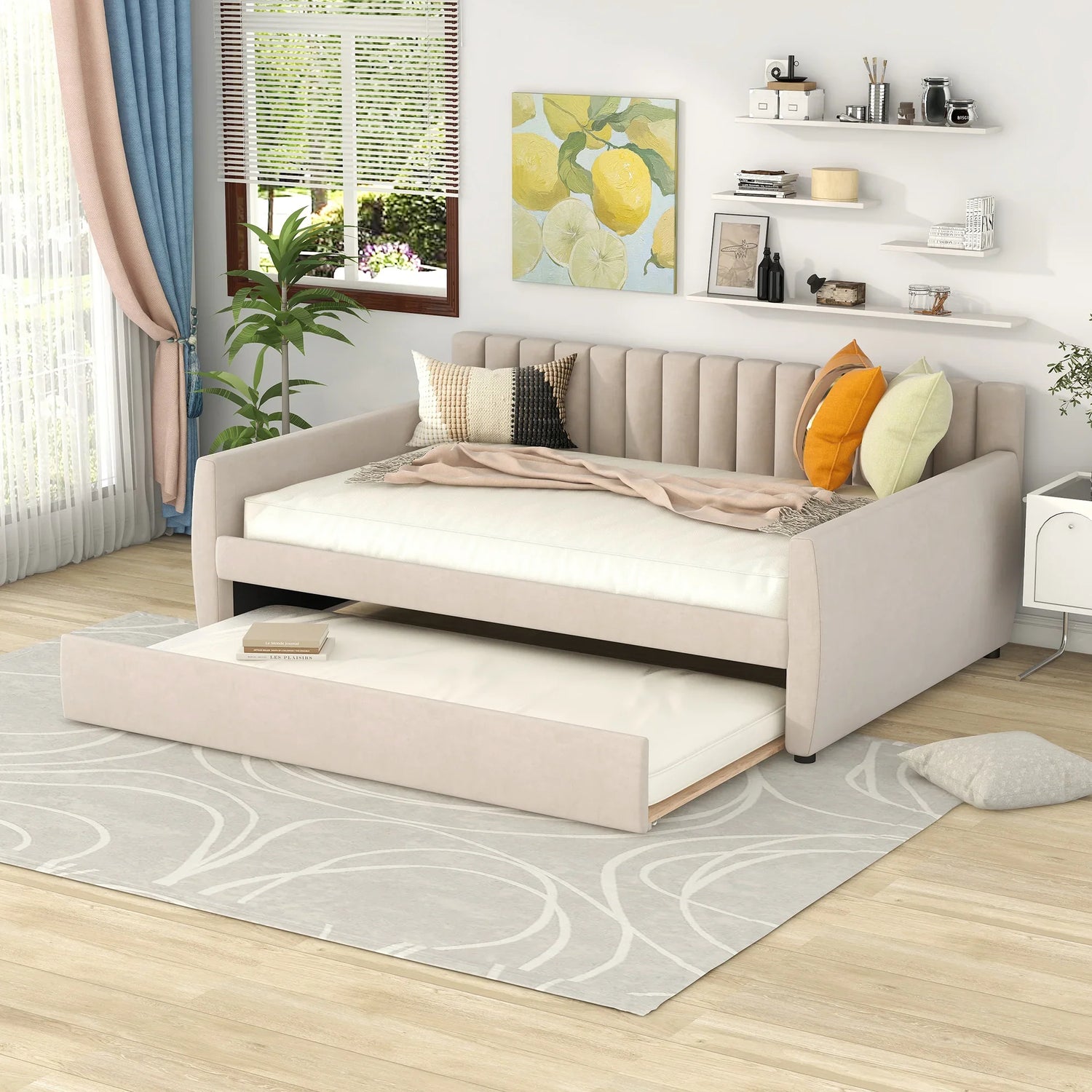 Full Size Upholstered daybed with Trundle and Wood Slat Support, Beige(Old SKU:LP000121AAA)