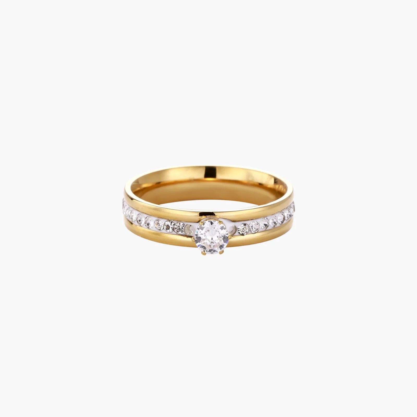 Gold-plated double-band ring with center rhinestone solitaire and channel-set stones on white background