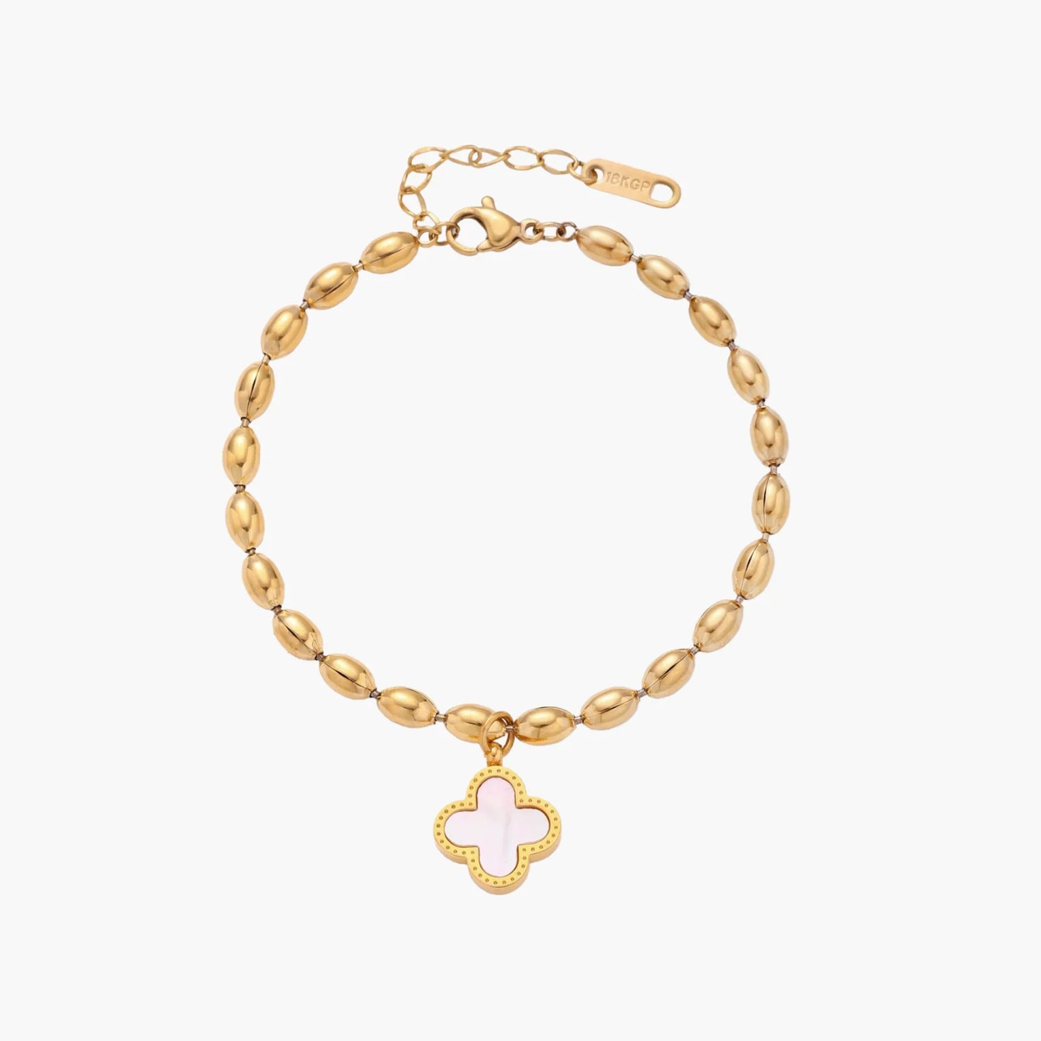 18K gold-plated oval bead chain bracelet with quatrefoil clover charm featuring mother of pearl inlay on cream background