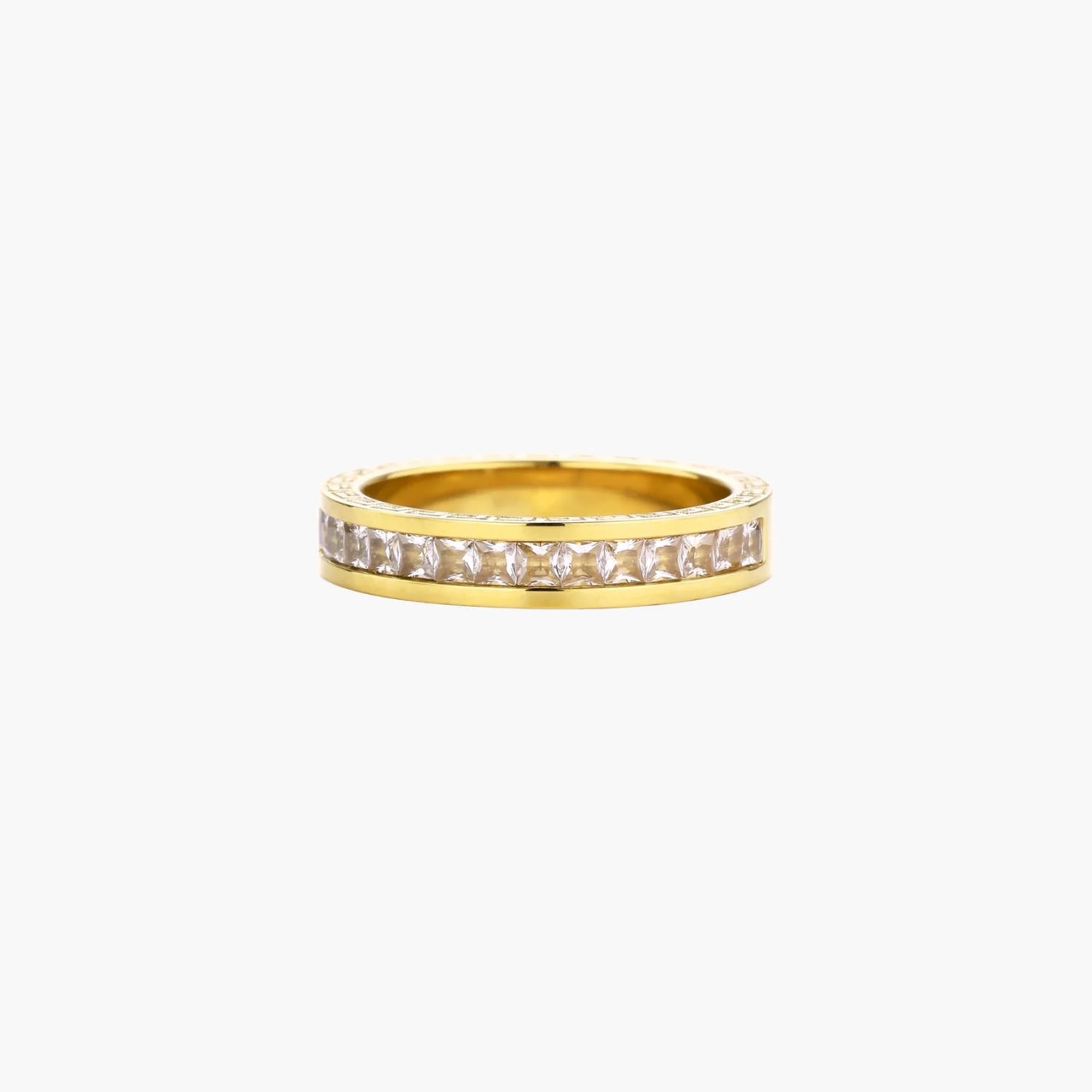 14K gold-plated band with channel-set zirconia and Greek key pattern engraving on polished finish