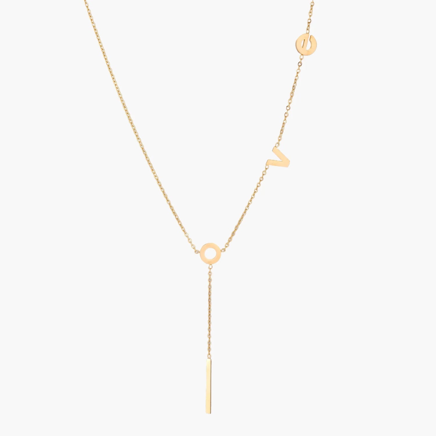 Gold Y-shaped necklace with L-O-V-E letter charms and vertical bar pendant on delicate chain against cream background