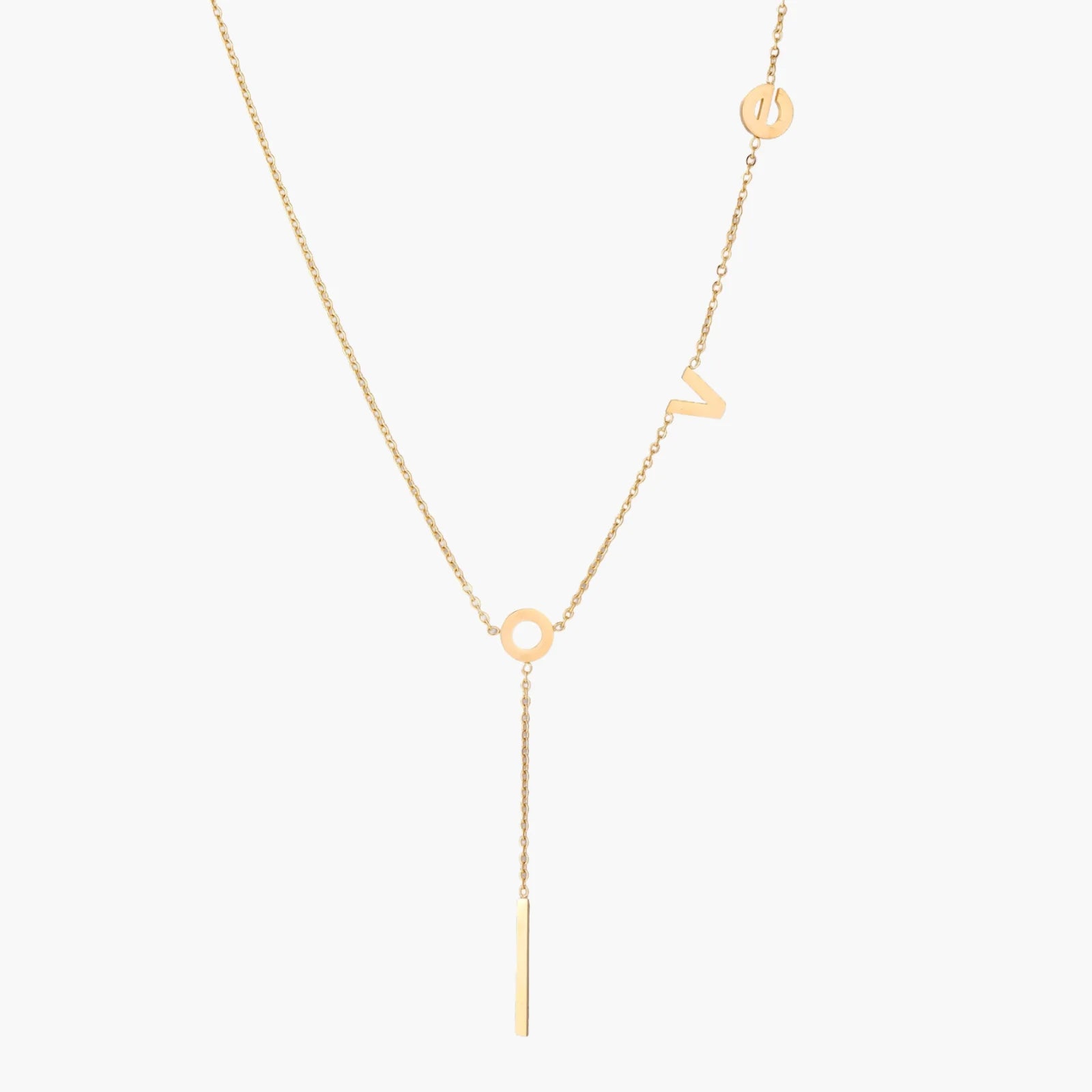 Gold Y-shaped necklace with L-O-V-E letter charms and vertical bar pendant on delicate chain against cream background