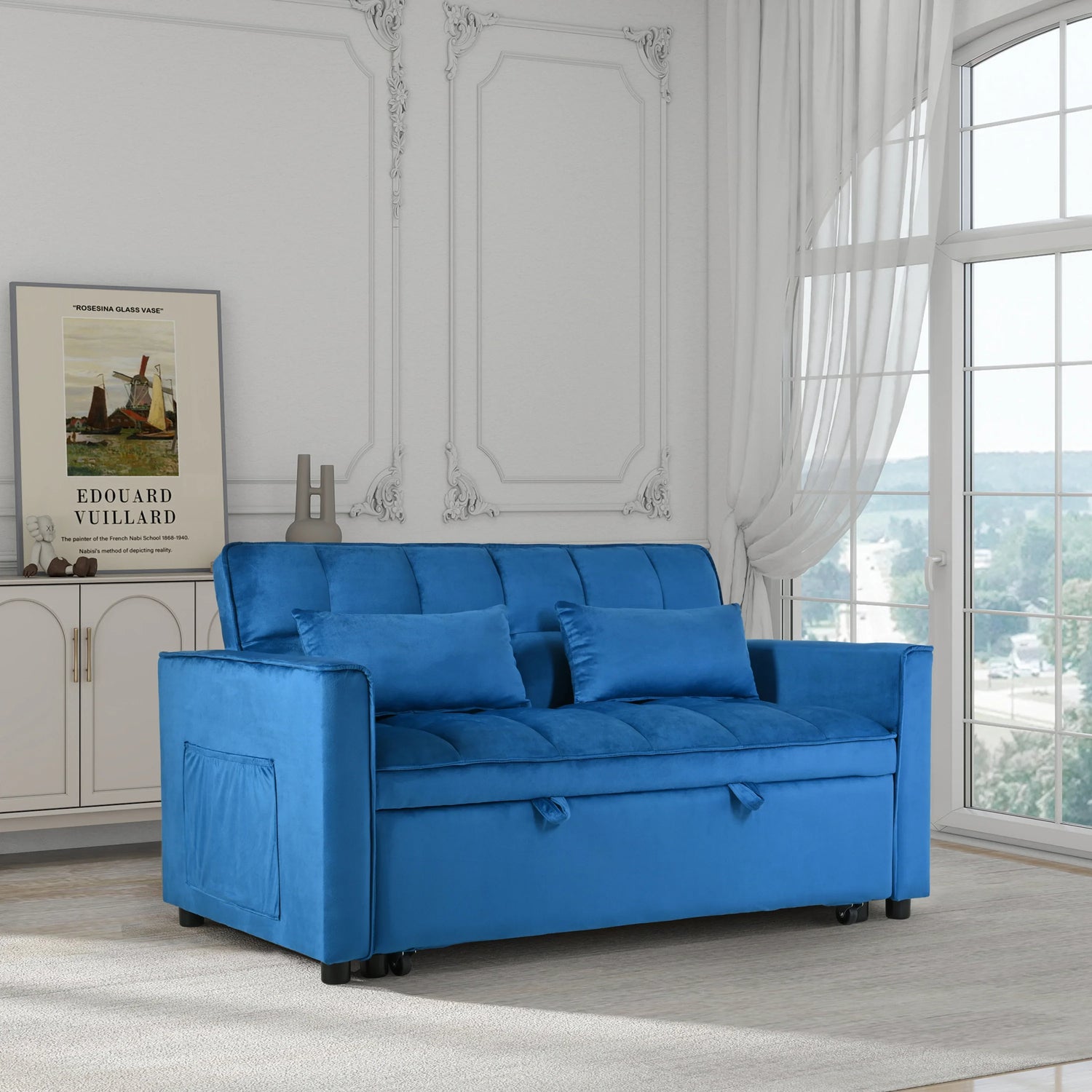 Convertible Sofa Bed,3-in-1 Pull Out Couch Bed with Reclining Backrest and Pillows,Sofa Bed Chair Full Convertible Sleeper Loveseat for  Living Room, Home or Office(Blue)