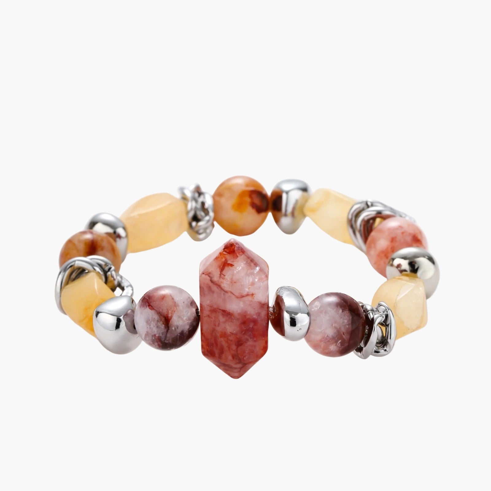 Stretch bracelet with amber citrine beads, red crystal stones and brass accents featuring a hexagonal centerpiece on white background.
