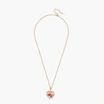 Heart-shaped pendant with pink enamel, rose design, freshwater pearl flower, and gold scalloped frame on delicate chain