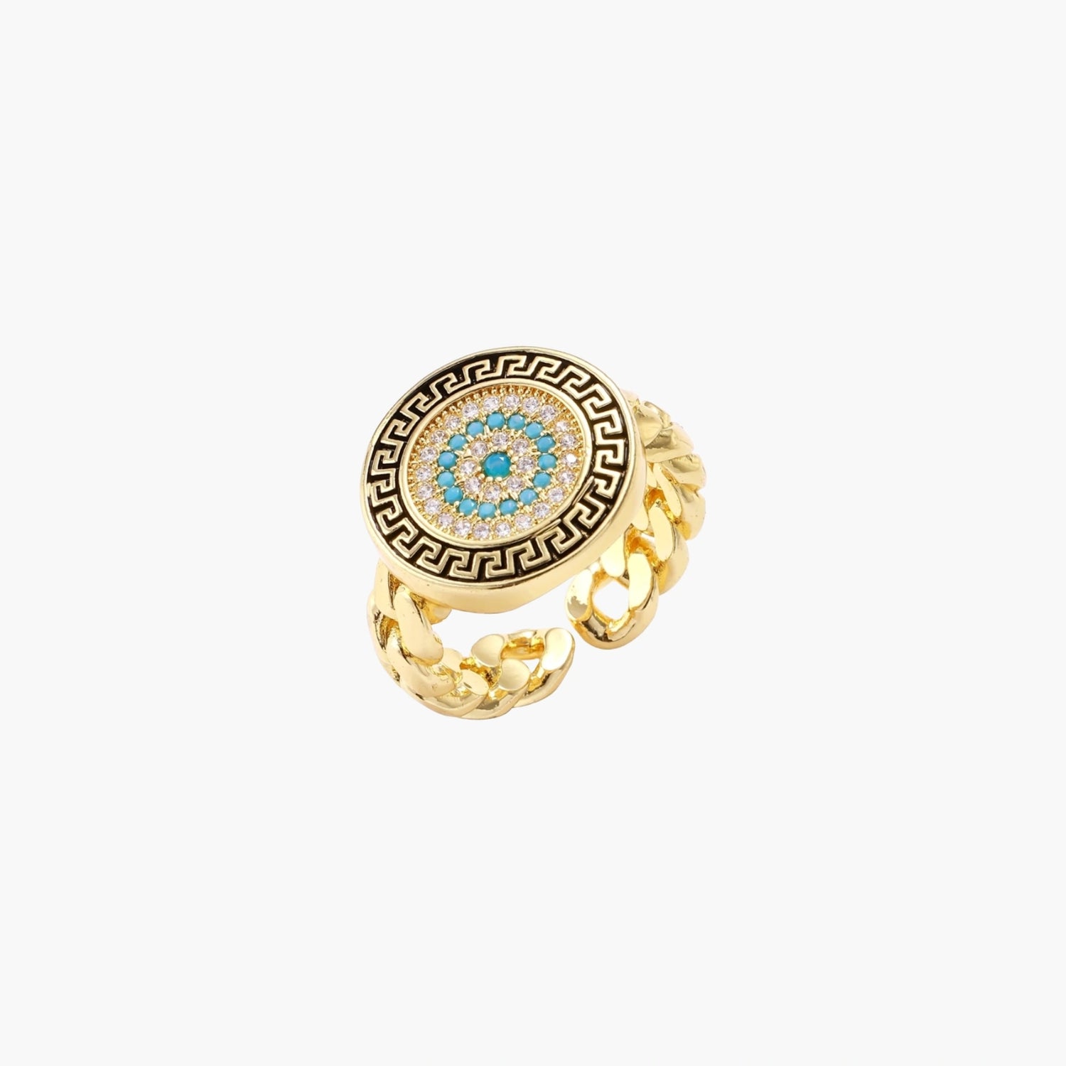 Gold chain ring with Greek key border and turquoise evil eye center on white background