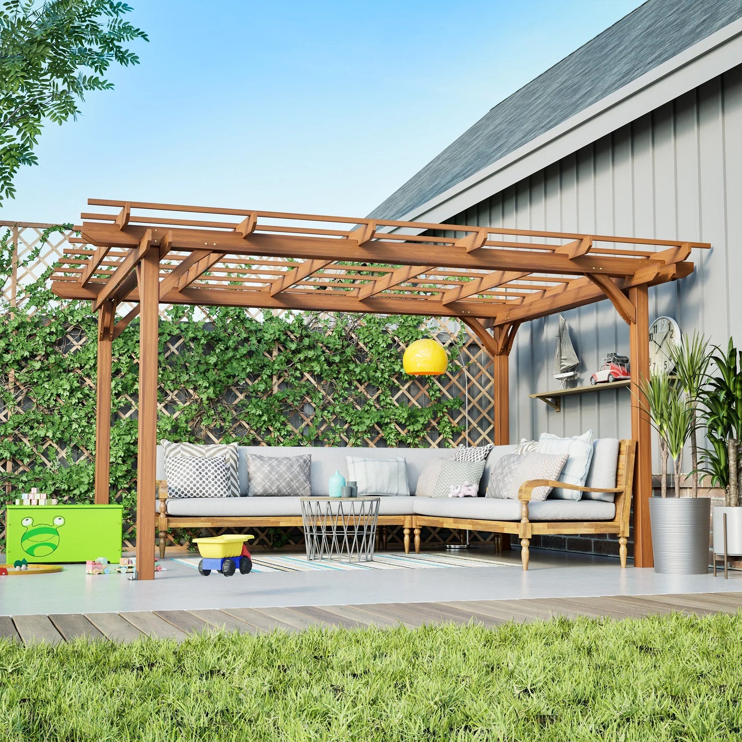 12 x 10 FT Outdoor Wood Pergola, Wooden Grape Pergola for Climbing Plant Support for Garden, Patio, Backyard, Deck, Brown