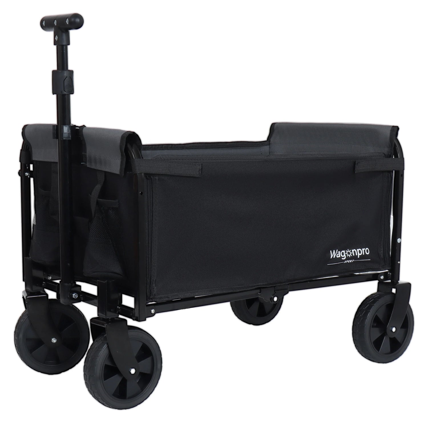 All-in-One Convertible Folding Camping Wagon Cart: Bench Seat, Storage Compartment & Included Dog Tether, Black/Gray