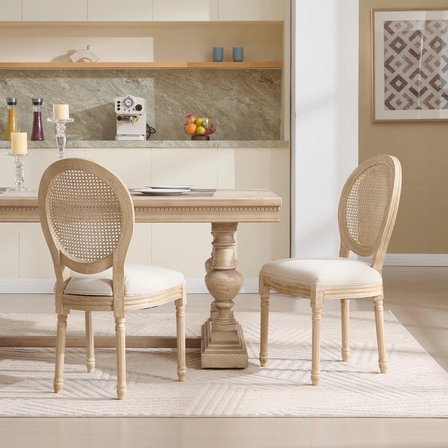 French Country Dining Chairs Set of 2, Upholstered  Chairs with Nature Rattan Round Back, Wire drawing and carving techniques ,Disassemblable ,  for Living Room, Kitchen , Restaurant Use,Beige