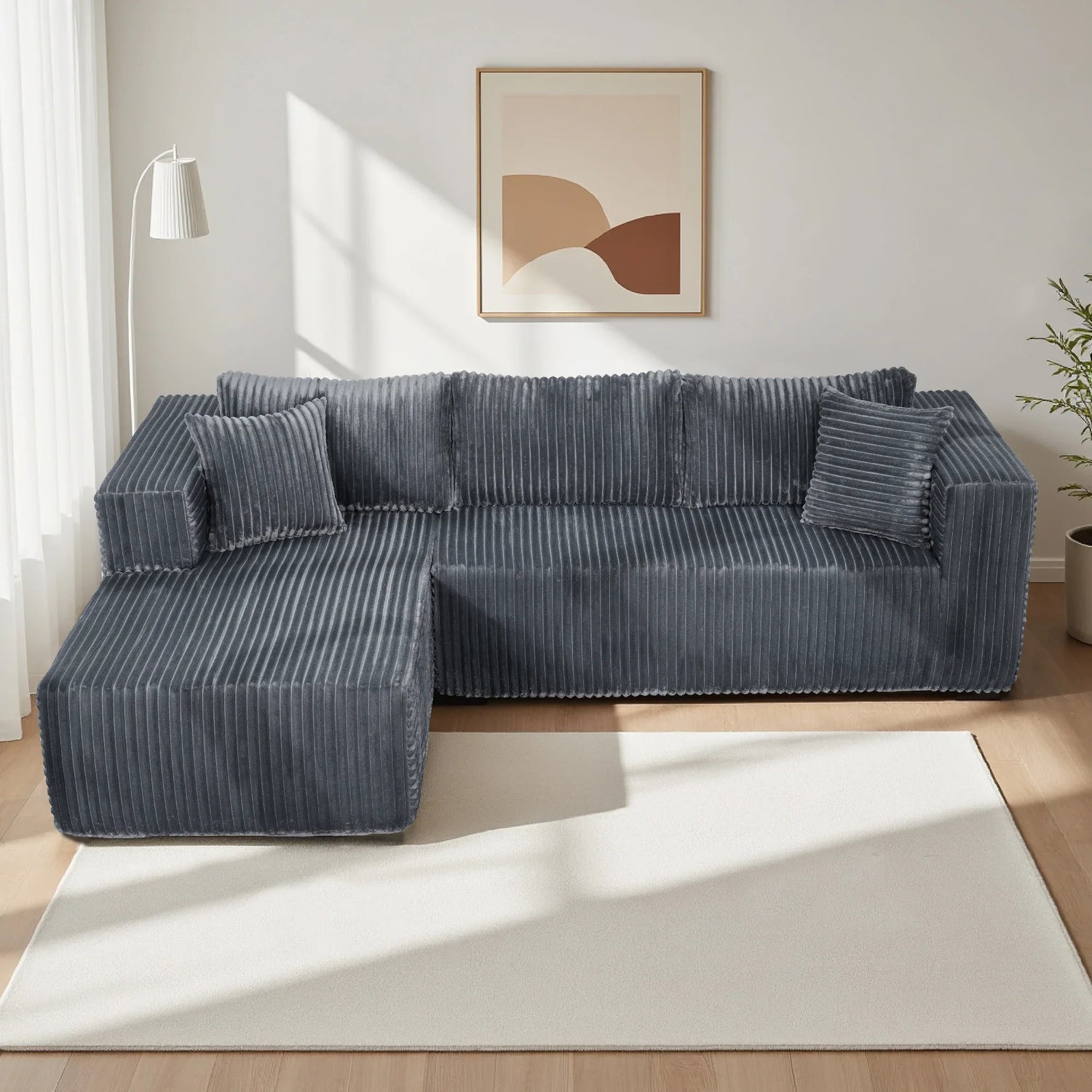 105' L-Shaped Modular Compression Sofa, Chenille Upholstery, All-Foam Structure (No Springs), 6 Pillows, Vacuum-Packed, Space-Saving for Living Room, Bedroom, Apartment (Right Chaise)