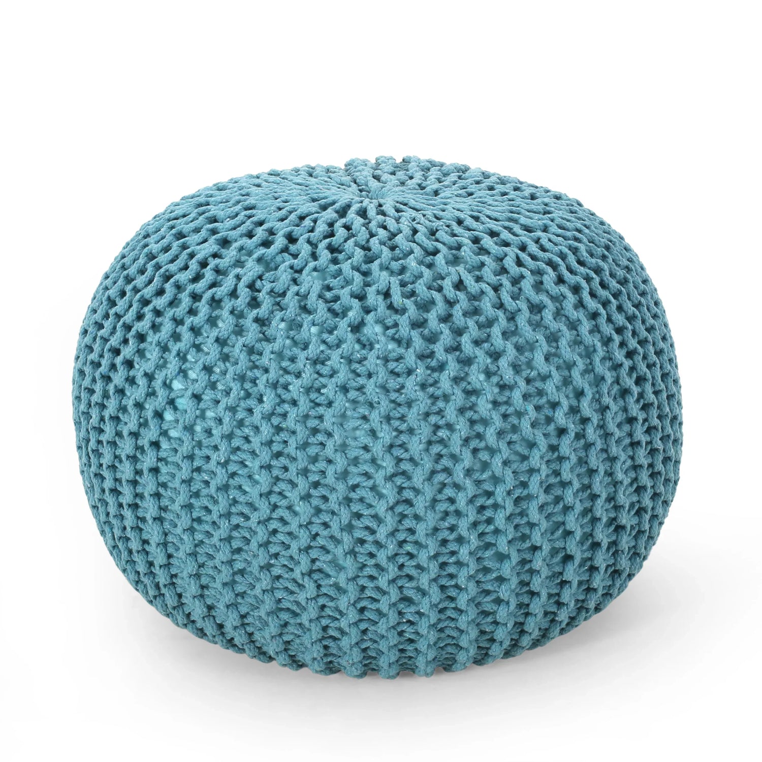 Contemporary MORO Pouf with Knit Weave Design in Aqua Cotton, 20x20x14 inches