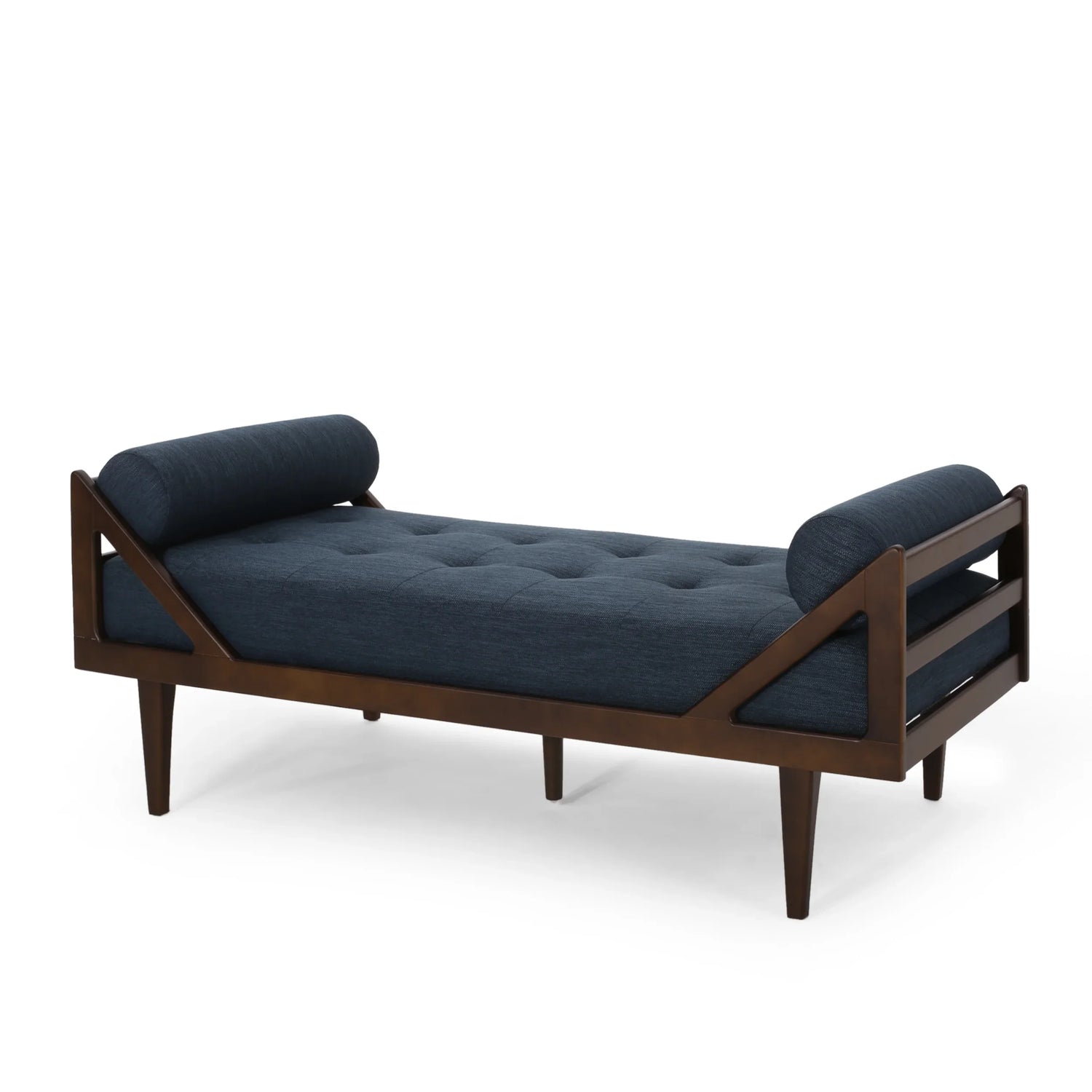 Chic Contemporary Chaise Lounge with Button Tufting and Bentwood Structure in Navy Blue Fabric