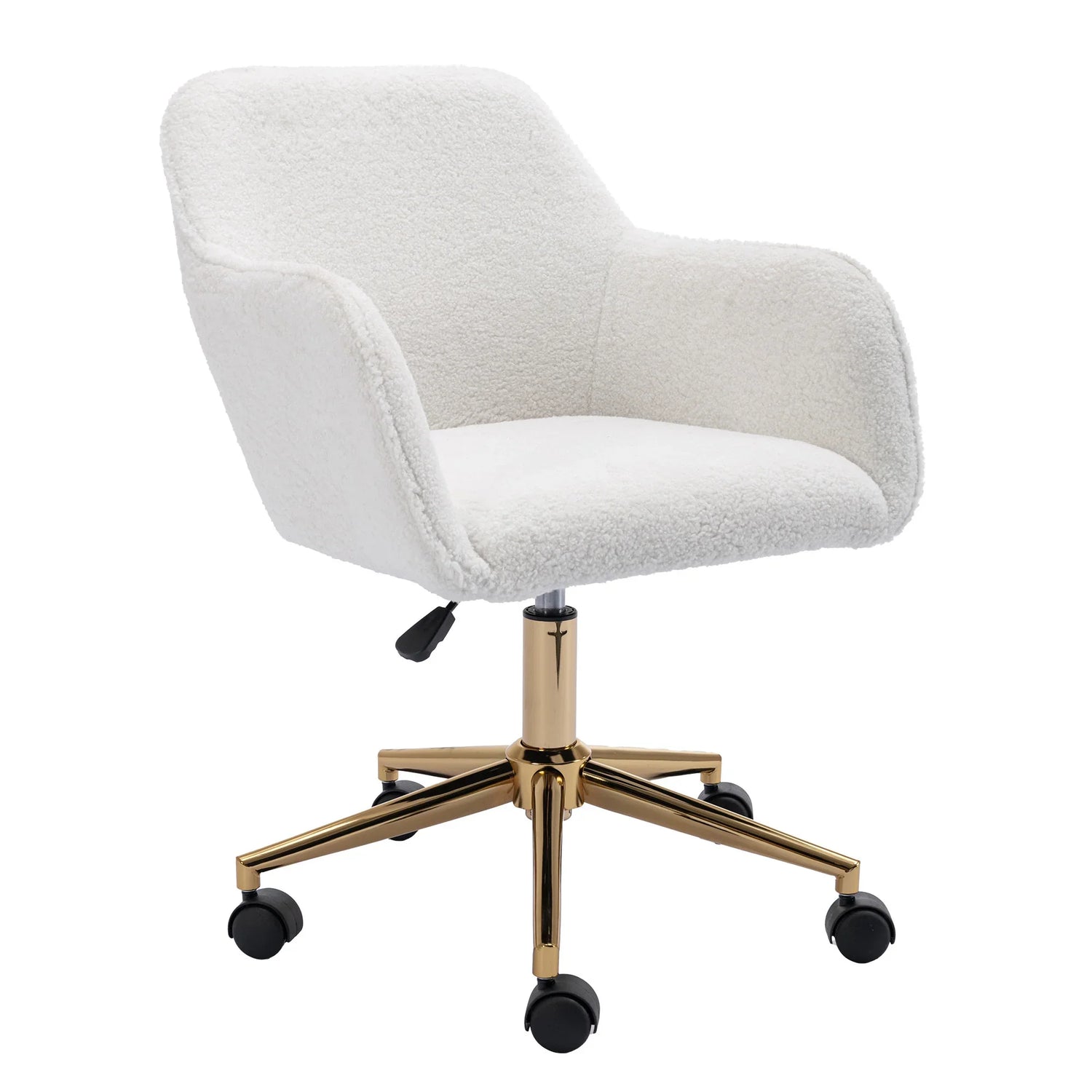 Silla moderna de oficina con altura ajustable y patas de metal dorado, tapizada en tela blanca.