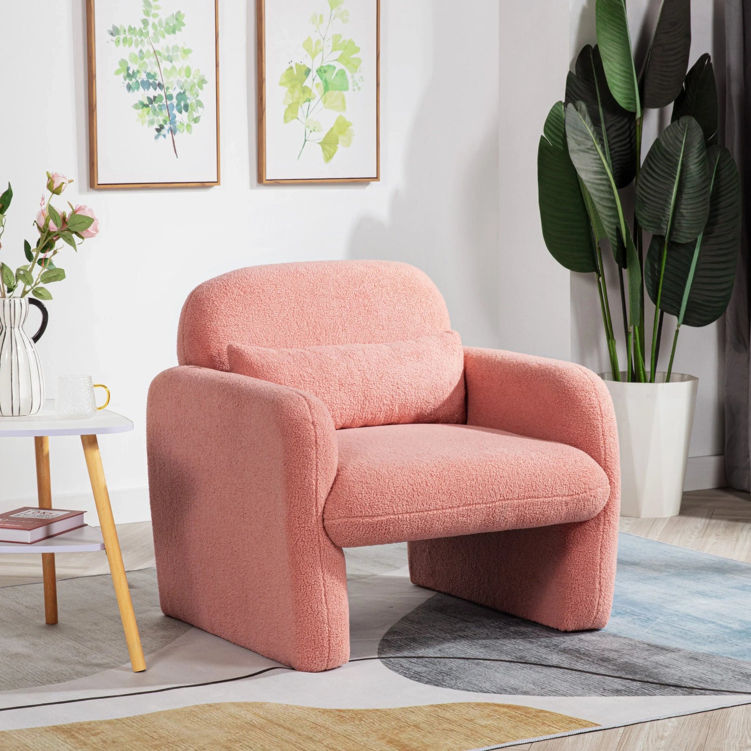 Stylish and Minimalist Teddy Fleece Single Sofa Chair with Arms and Pillow, Armchair, Accent Chair for Living Room, Bedroom, Study,Pink
