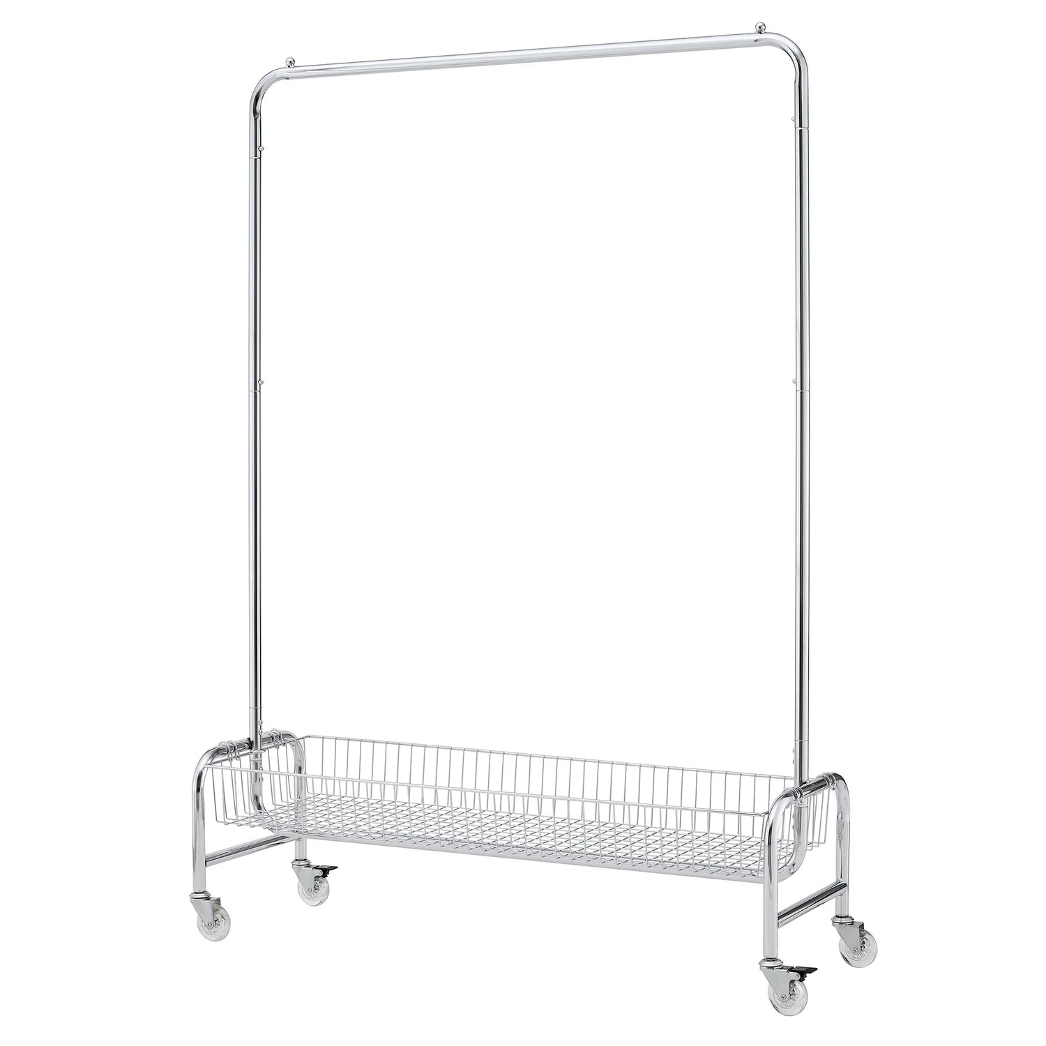 Heavy Duty Silver Iron Garment Rack with Basket on Wheels, 47.24 x 15.75 x 66.93 Inches