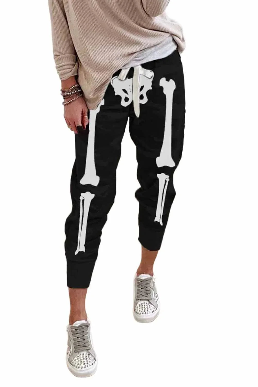 Halloween Skull Print Drawstring Elastic Waist Joggers