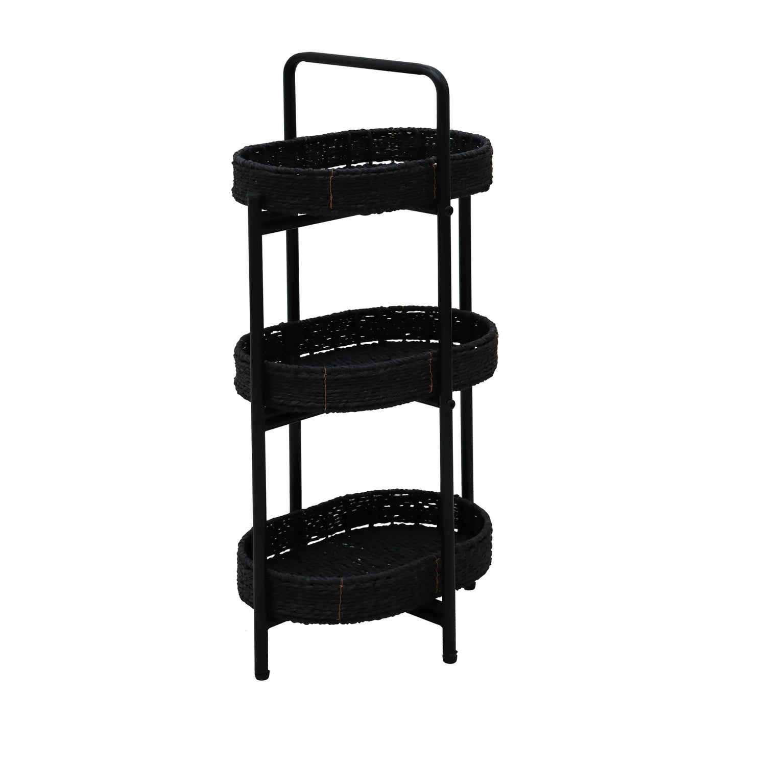 Modern 3-Tier Handwoven Side Table with Oval Organizer in Black Metal and Paper Rope