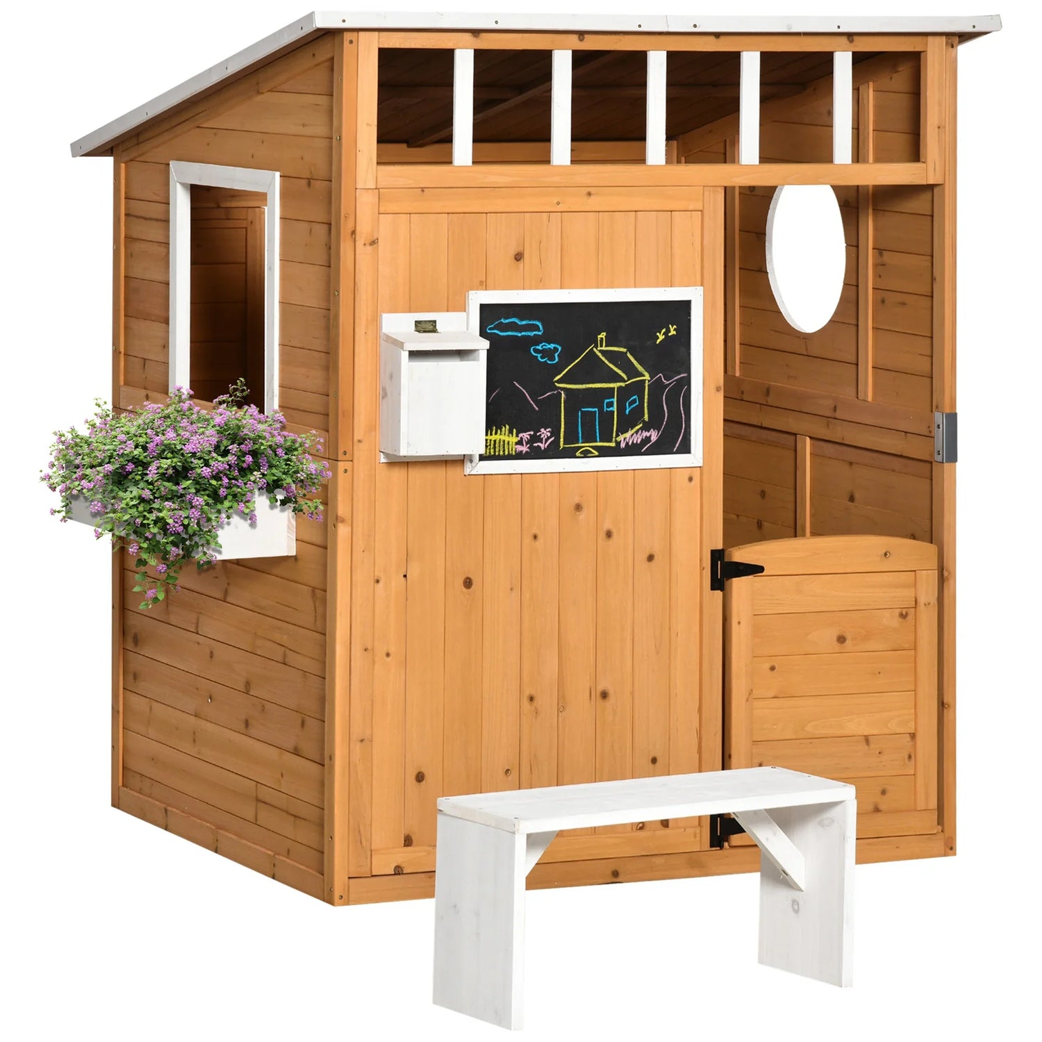 Outsunny Wooden Playhouse for Kids Outdoor with Working Door, Windows, Mailbox, Bench, Flowers Pot Holder, 48' x 42.5' x 53'