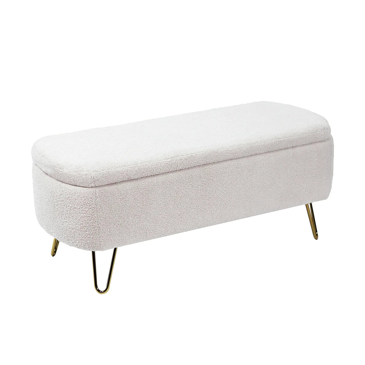 Ivory White Storage Ottoman Bench for End of Bed Gold Legs, Modern Ivory White Faux Fur Entryway Bench Upholstered Padded with Storage for Living Room Bedroom