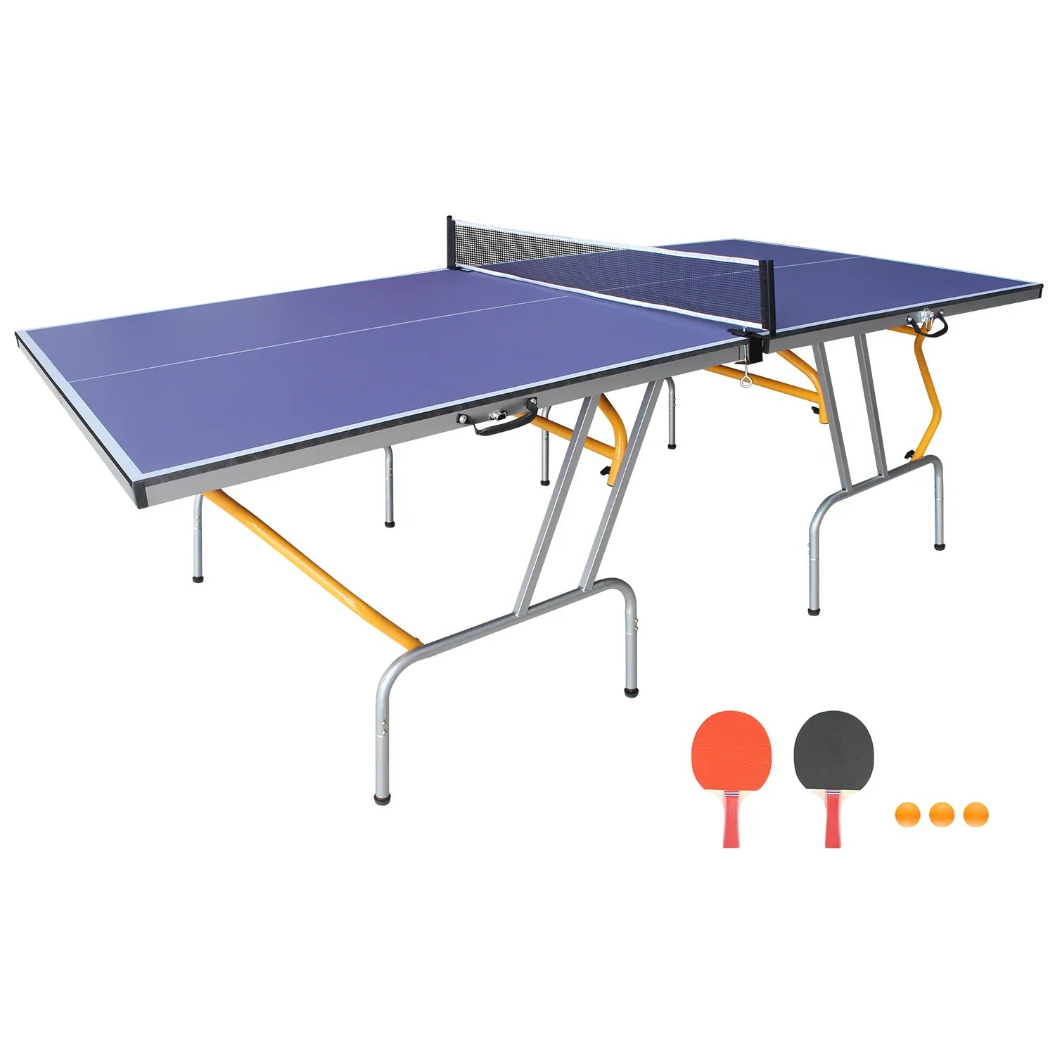 8ft Mid-Size Table Tennis Table Foldable & Portable Ping Pong Table Set for Indoor Games with Net, 2 Table Tennis Paddles and 3 Balls