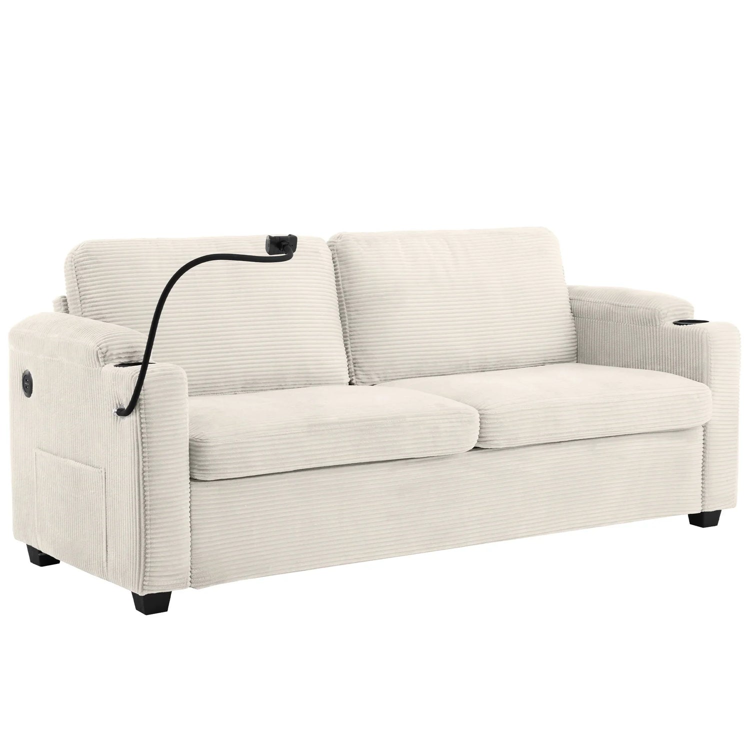 Beige Corduroy Sleeper Sofa Loveseat with Full Size Mattress, USB Ports, Cup Holders, Side Pockets, Phone Holder