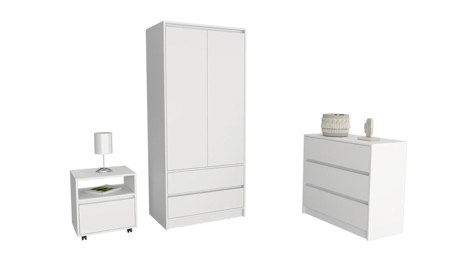 Beloit 3 Piece Bedroom Set, Nightstand + Dresser+ Armoire, White