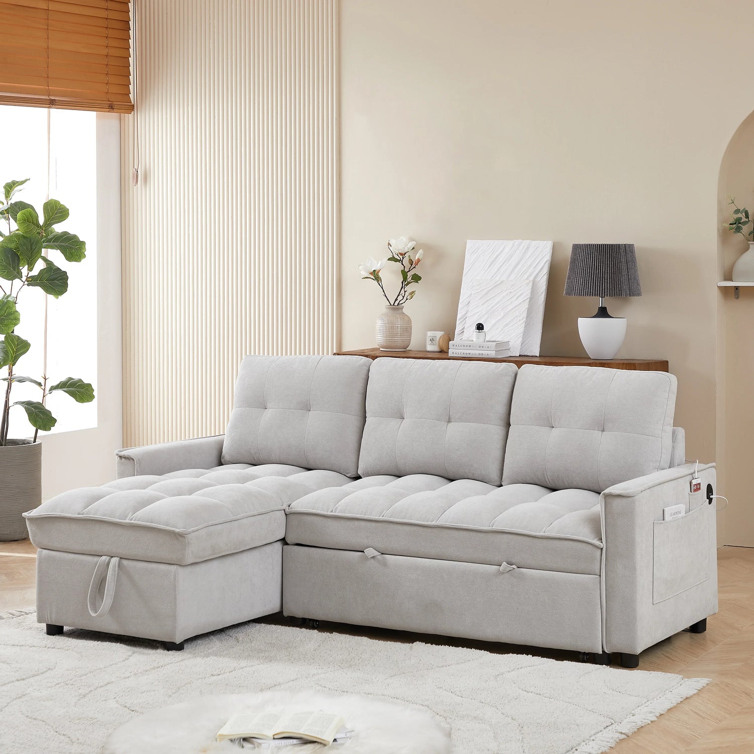 MH 78.75' Reclining Sofa, Pull-Out Sofa Bed with USB and tape-c charging ports, L-Shaped Sectional Sofa with Reclining Storage and Arm Side Organizer Pocket Features, Living Room Comfort Sofa