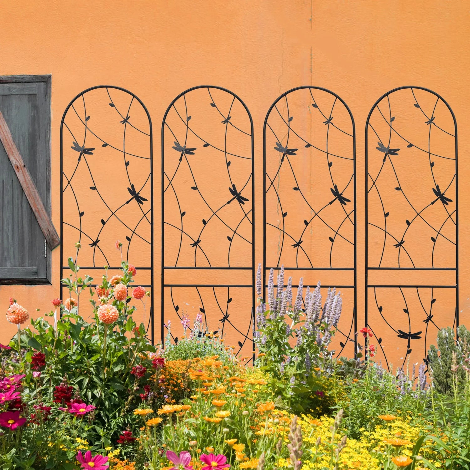 4 Pack Metal Garden Trellis 86.7' x 19.7' Rustproof Trellis for Climbing Plants Outdoor Flower Support Dragonfly Deco Black