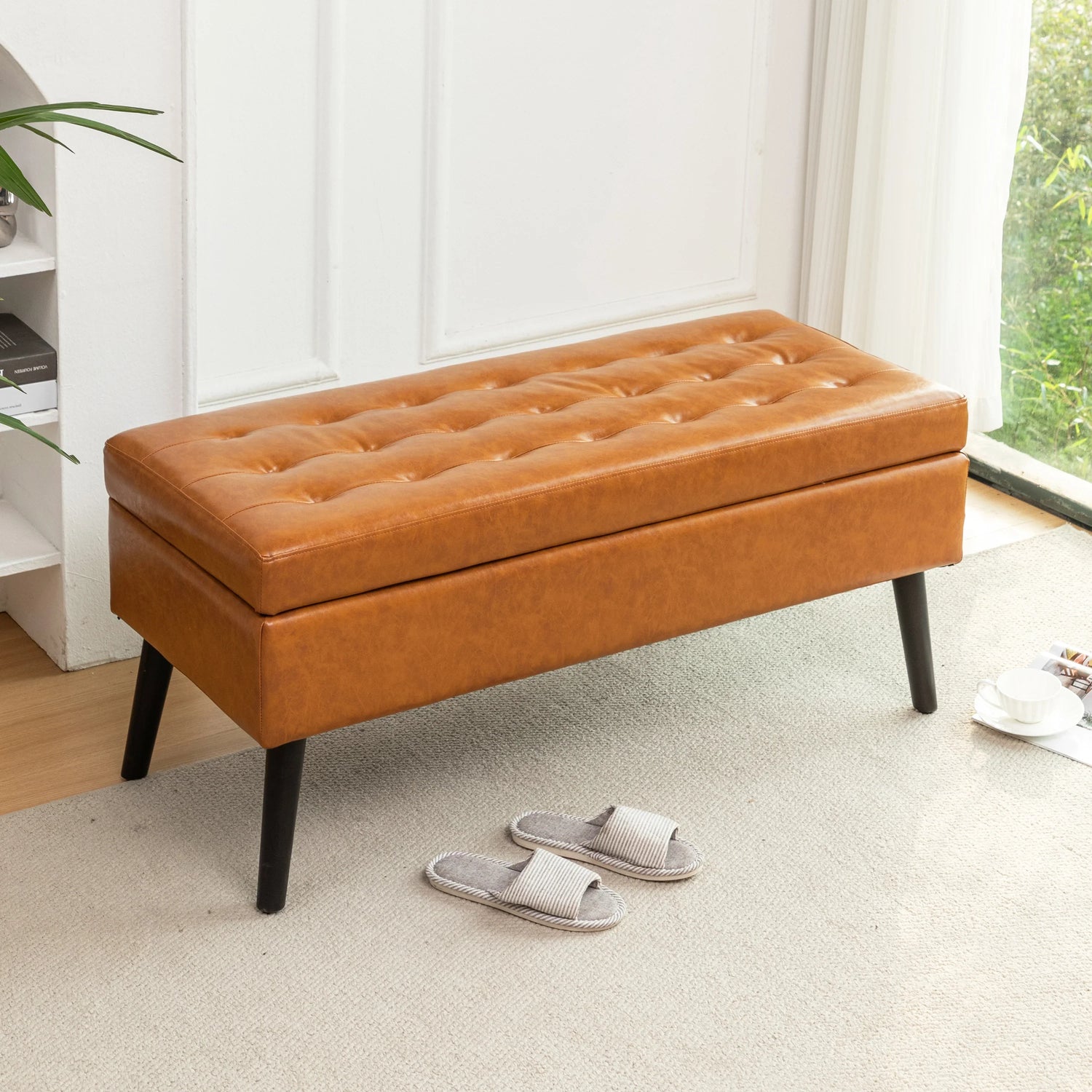 Storage Bench with Storage Bench for Bedroom End of Bed Bench Foot of Bed Bench Entryway Bench Storage Ottoman Bench 43.3' W x 17.7' Brown Leather Bench