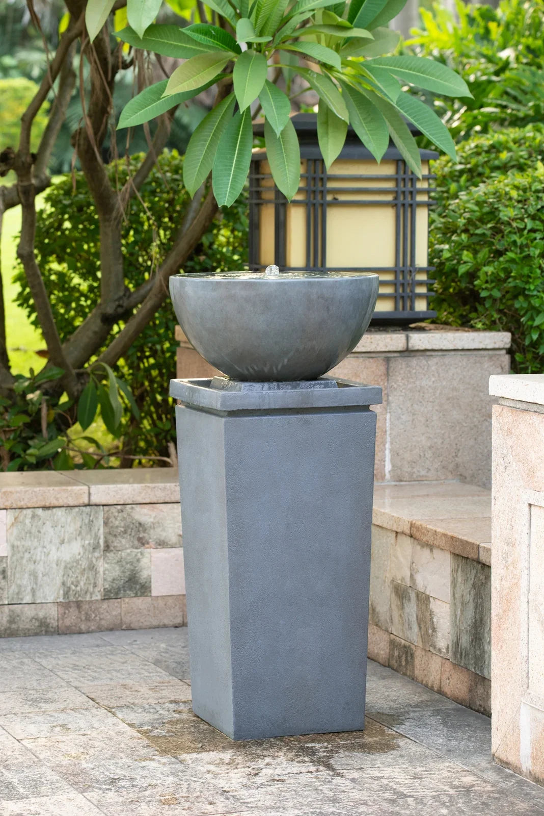 Fuente de agua Zen Bowl de poliresina gris de 13,5 m, comedero para pájaros/fuente de baño para exteriores, fuente relajante para jardín, césped, patio, porche