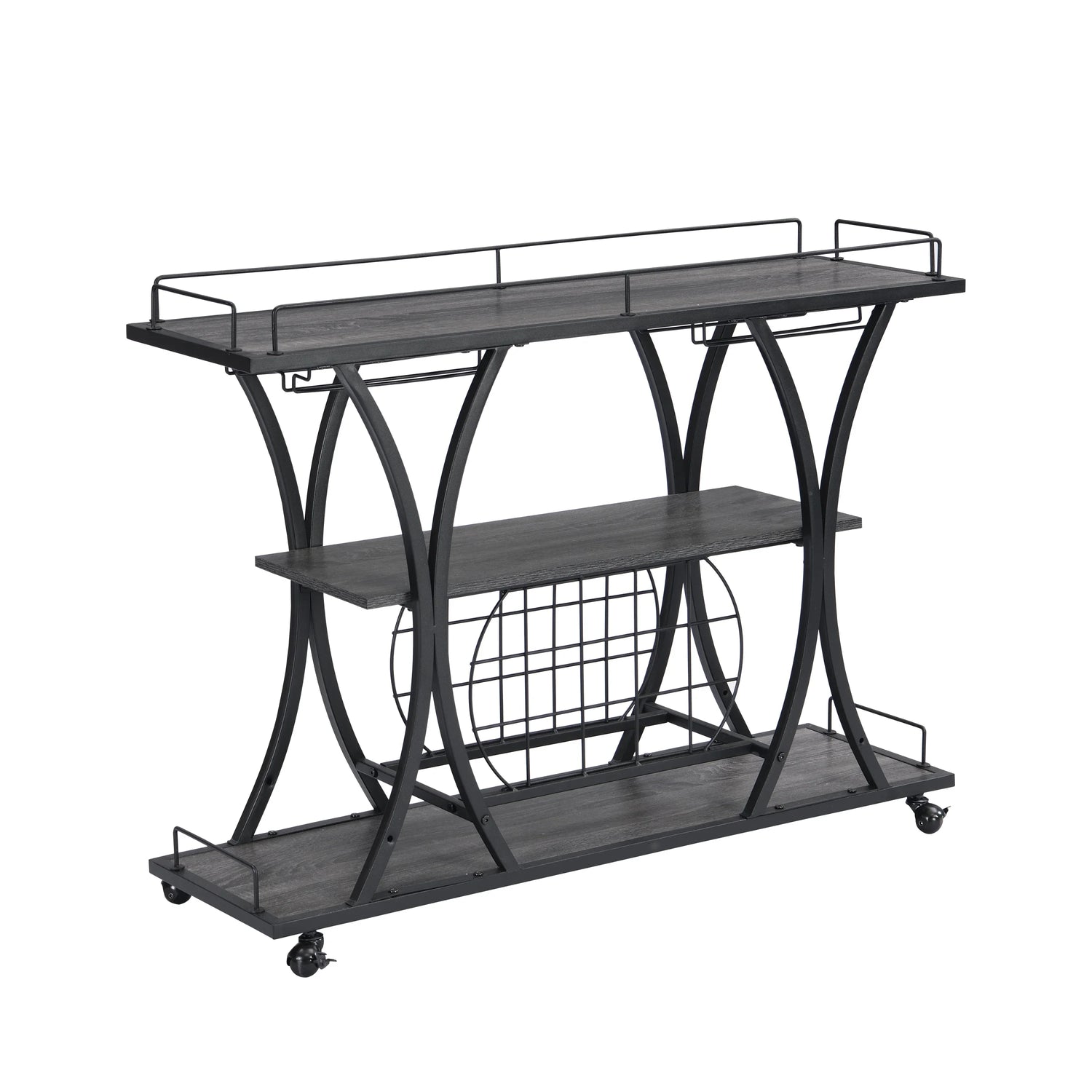 Industrial Style Kitchen Bar Cart with Wheels, 3-Tier Storage Shelves, Black and Gray, Iron, 44.09'