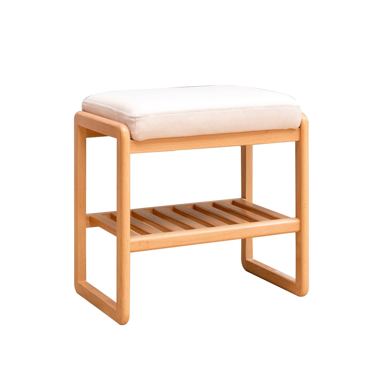 Natural Solid Wood Shoe Bench with Beech Wood Storage Rack Organizer and High Rebound Sponge Cushion in Beige