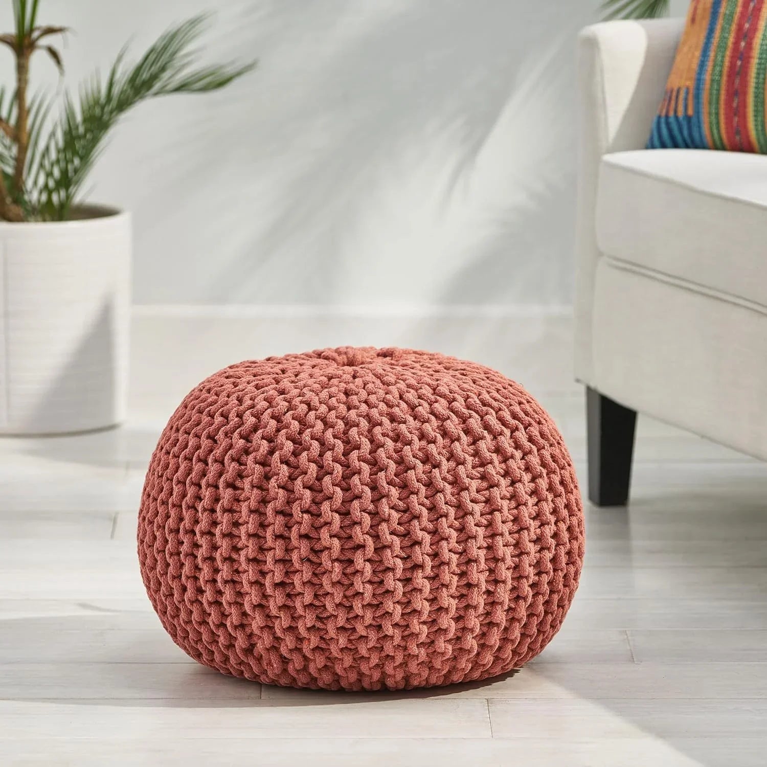 Poona Handcrafted Modern Cotton Pouf, Coral