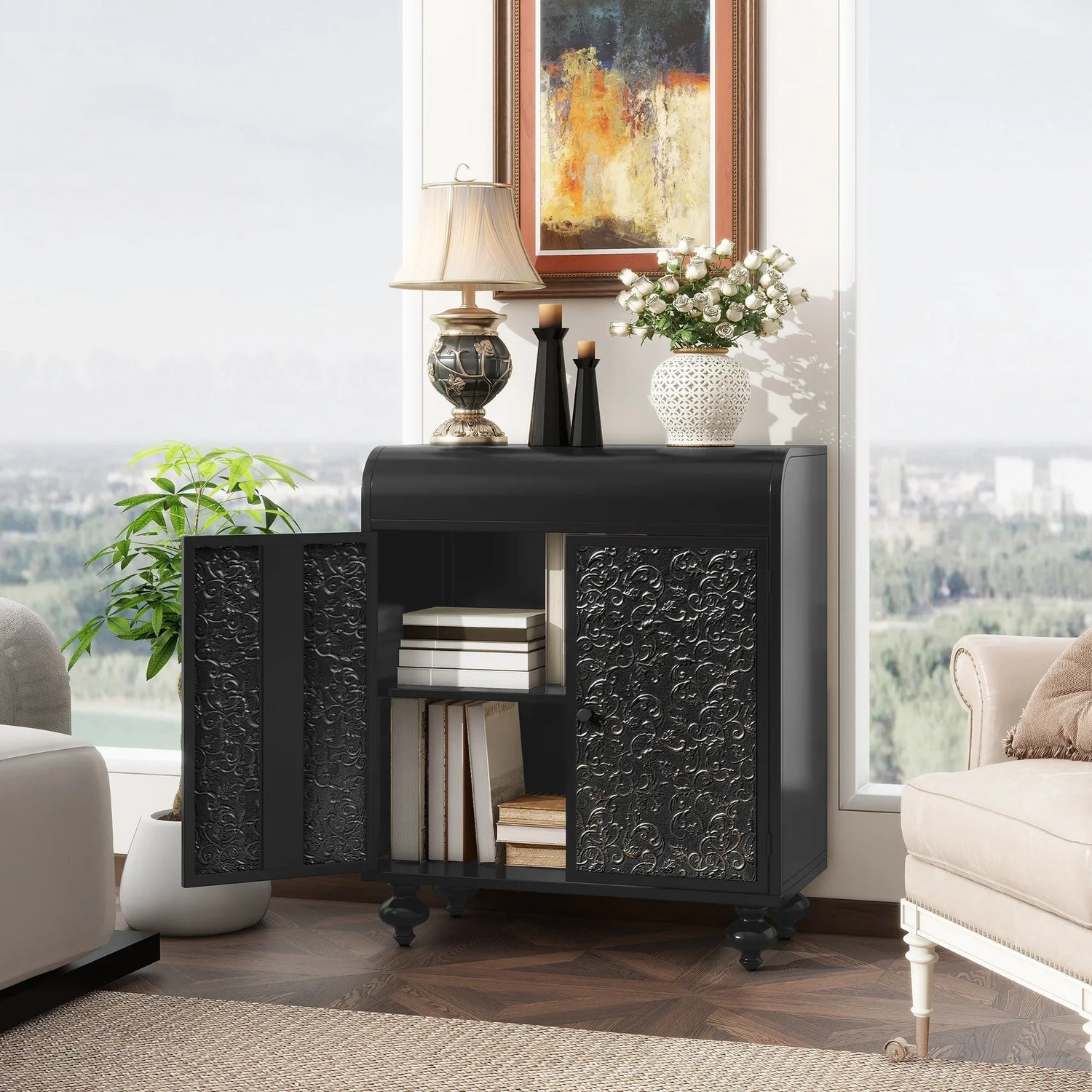 Art Accent Cabinet With 2 Doors, Sideboard Buffet Cabinet with Storage, Distressed Decorative Storage Cabinet With Embossed Pattern For Entryway Living Room Dining Room