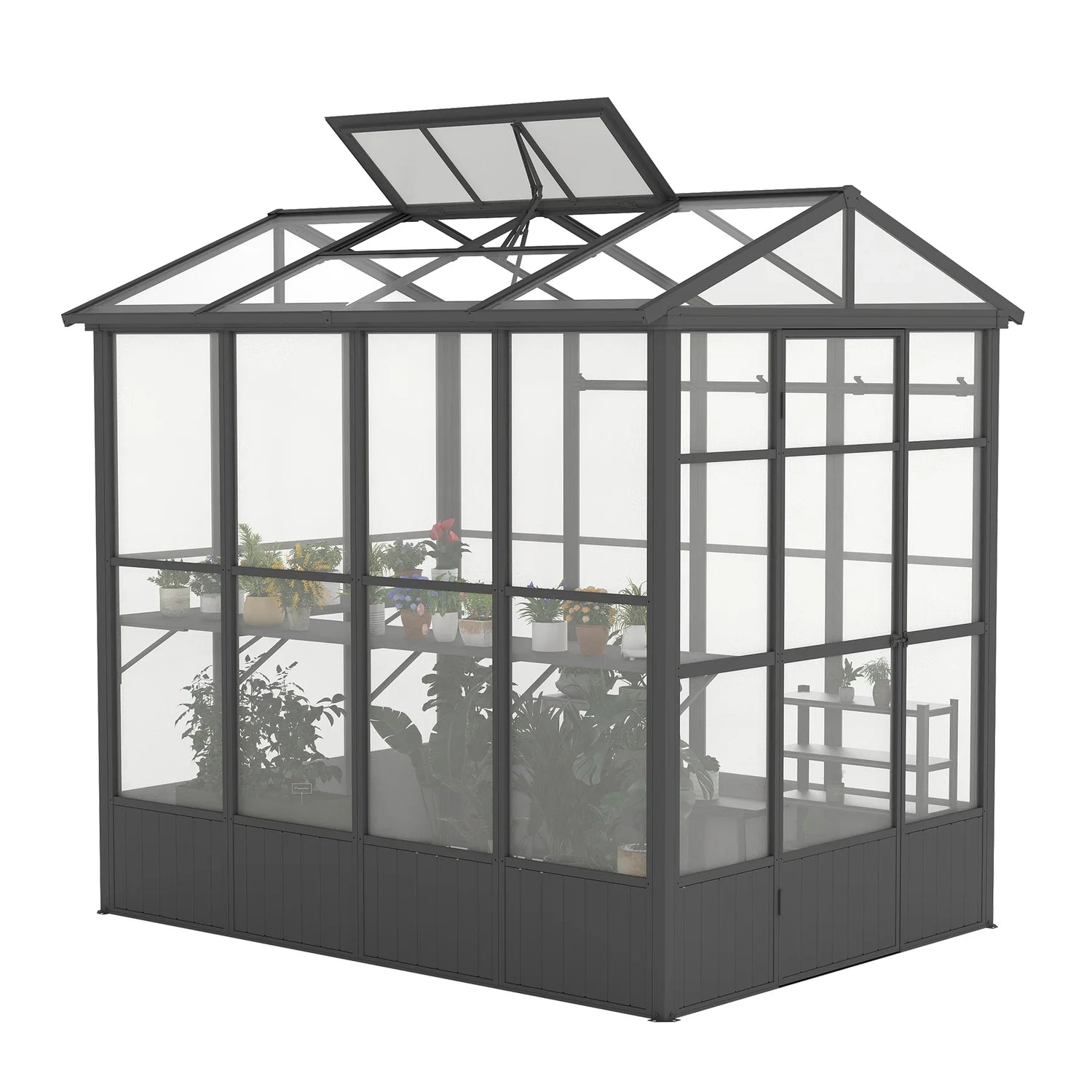 Invernadero de policarbonato de 1,9 x 2,4 m con ventilación con control de temperatura totalmente automático, de aluminio resistente para exteriores con 2,3 m de altura adicional para jardín y patio, gris oscuro.