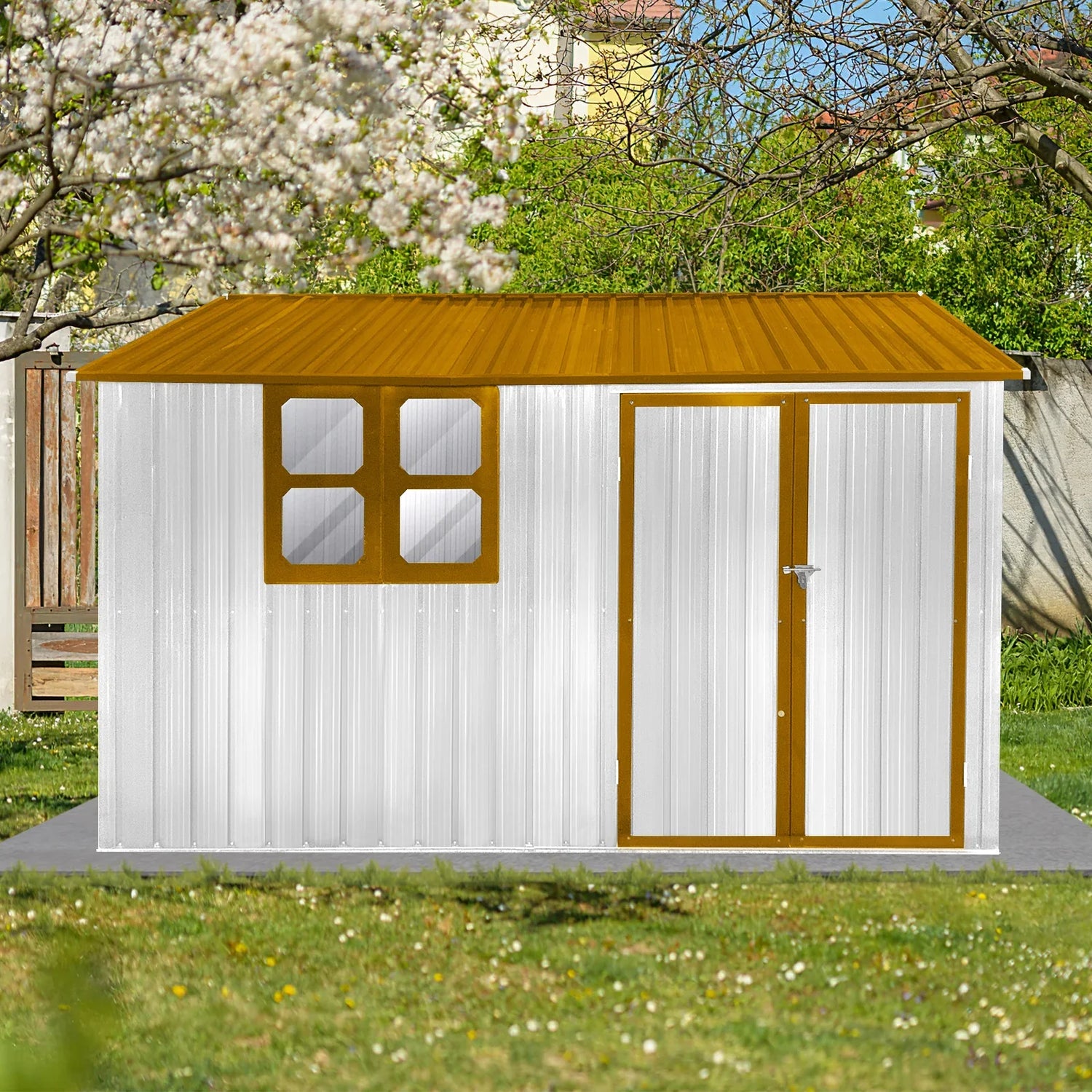 Metal garden sheds 10ftx8ft outdoor storage sheds white+yellow with window