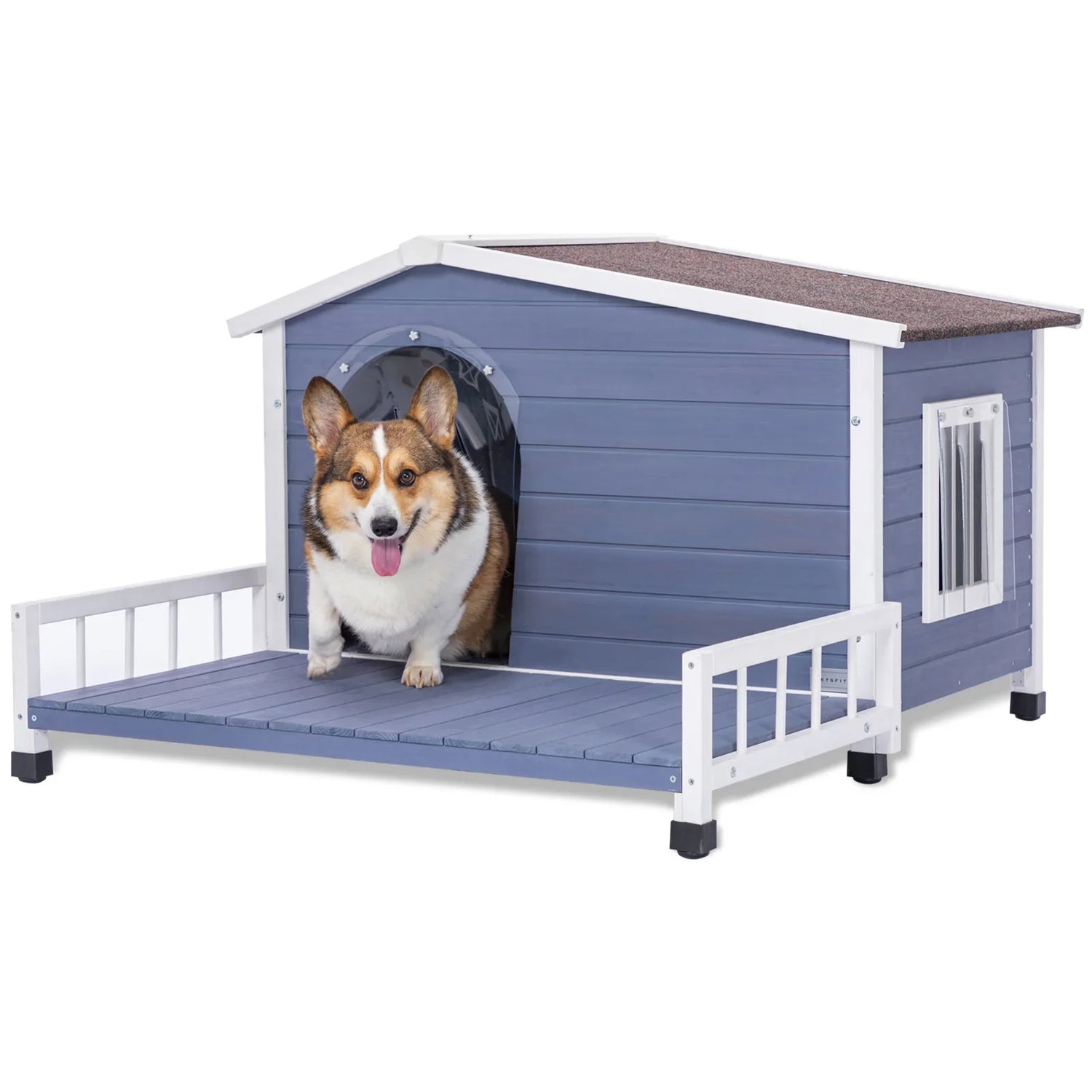 Grey Solid Wood Large Dog House with Terrace and Waterproof Asphalt Roof for Indoor Outdoor Use