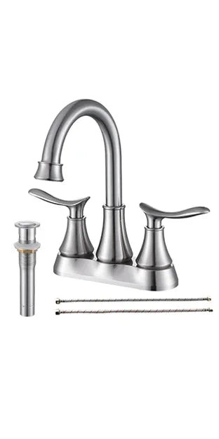 2-Handle 4-Inch Brushed Nickel Bathroom Faucet, Bathroom Vanity Sink Faucets with Pop-up Drain and Supply Hoses