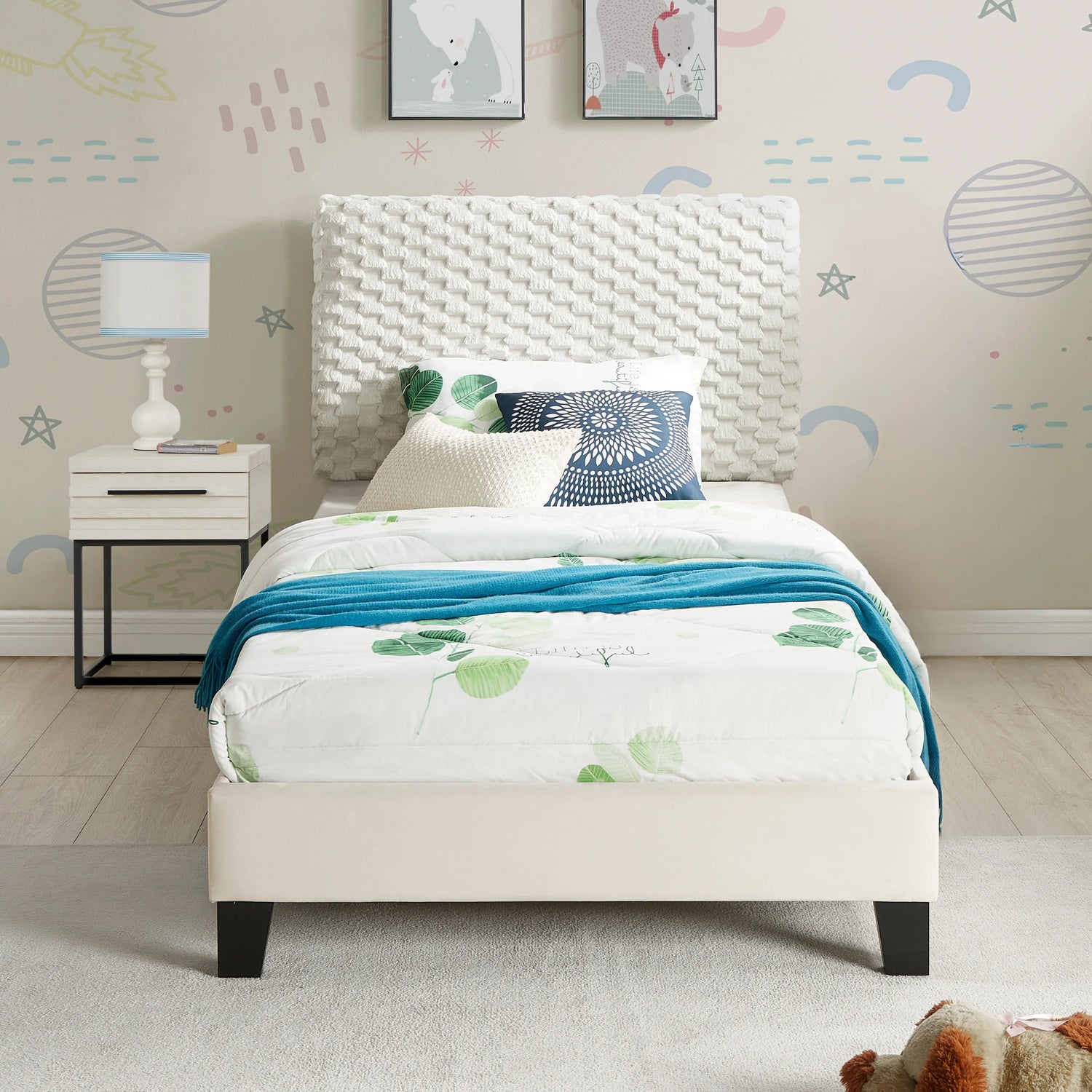 Findlay 2-Piece Bedroom Set, Plush 3D Upholstered Bed with Nightstand, Twin