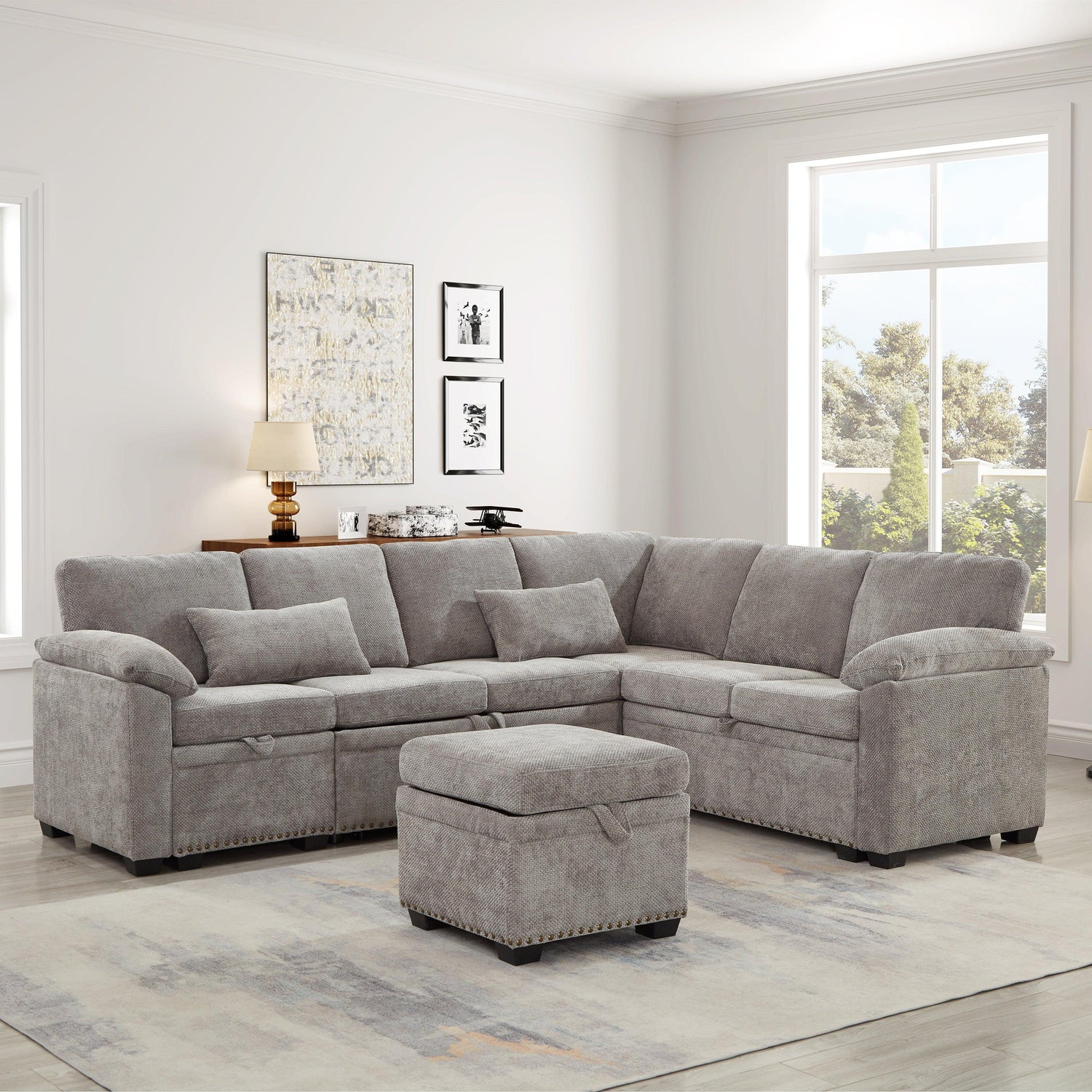 97 Inch L-Shaped Corner Sectional Sofa Couch with Seat and Storage Ottoman,Chenille Fabric Corner Couch with 7 Seats & 2 Pillows for Living Room, Grey