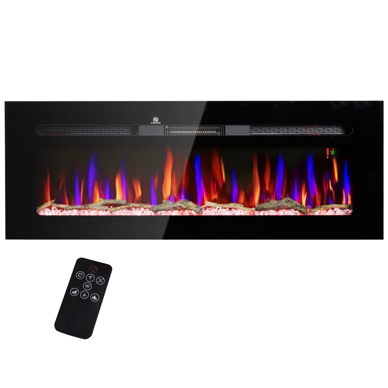 Chimenea eléctrica HOMCOM de 50 pies empotrada y de pared con control remoto, calentador de chimenea de 1500 W con temporizador de 8 horas, color y brillo de llama ajustables, leña y cristal.
