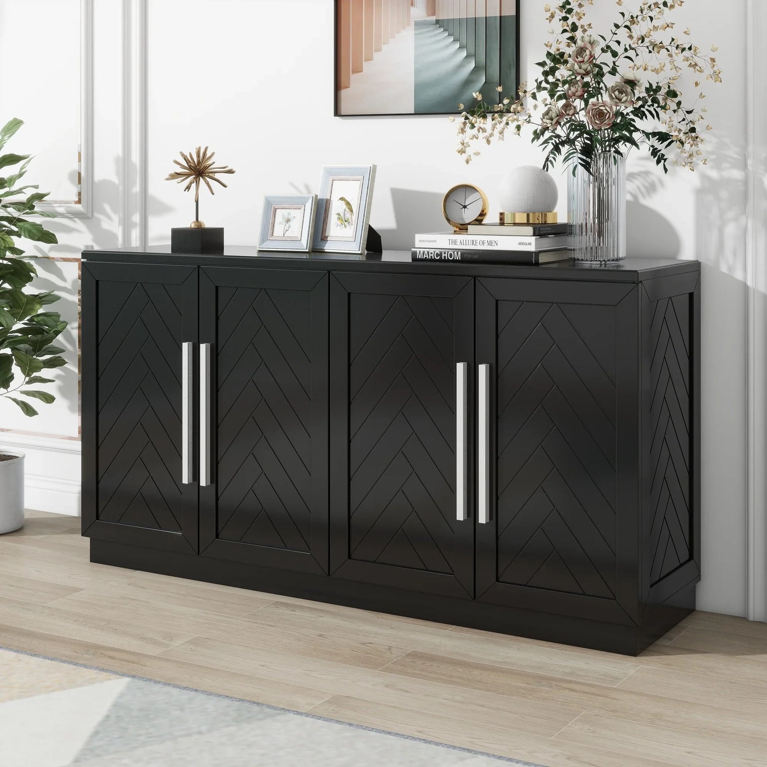 TREXM Sideboard Buffet Cabinet with Storage, Buffet Cabinet with Adjustable Shelves and Silver Handles Sideboard Cabinet for Kitchen, Dining Room, Living Room, Black