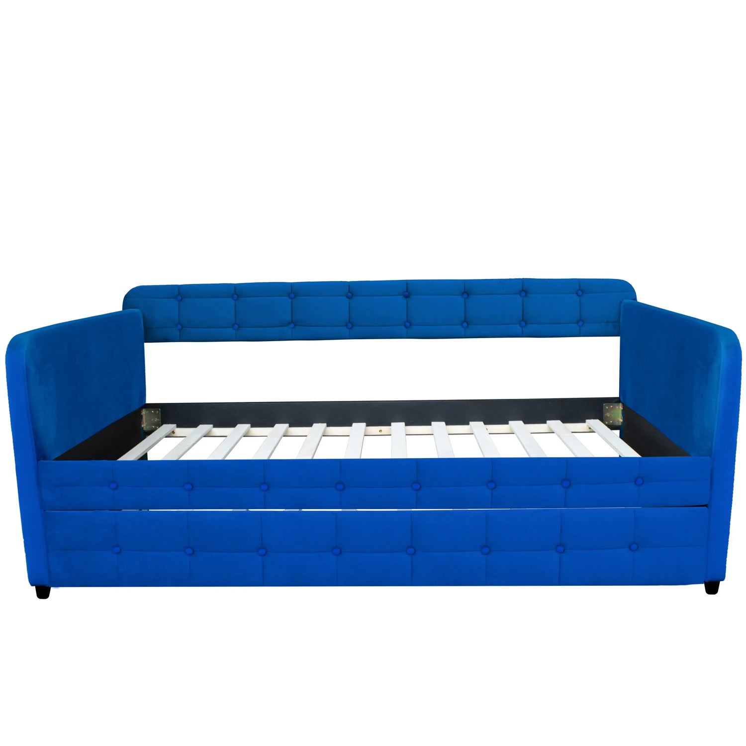 Blue Upholstered Twin Size Daybed with Trundle Velvet Fabric No Box Spring Required