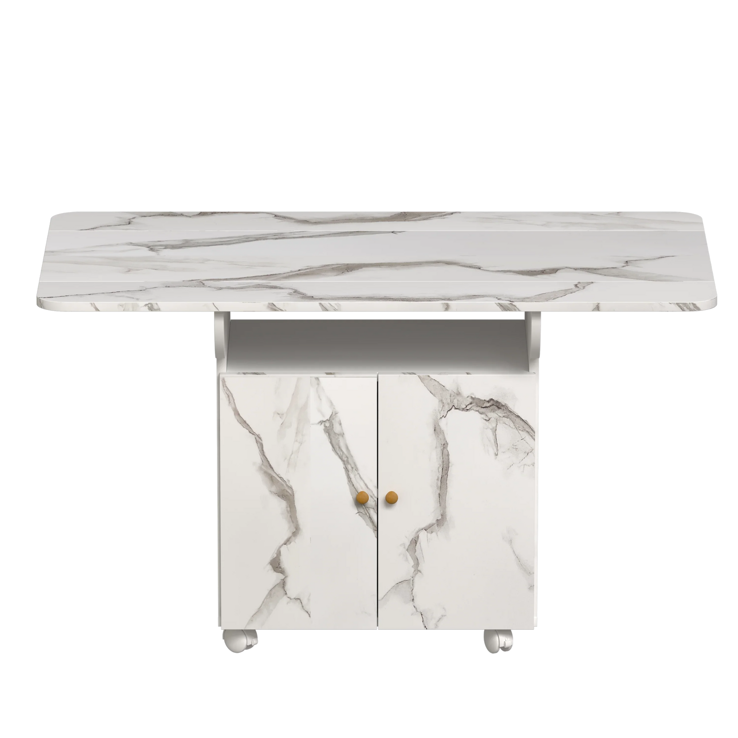 Versatile 47' White Marble MDF Folding Dining Table with Storage Rack and Cabinet, 6 Wheels