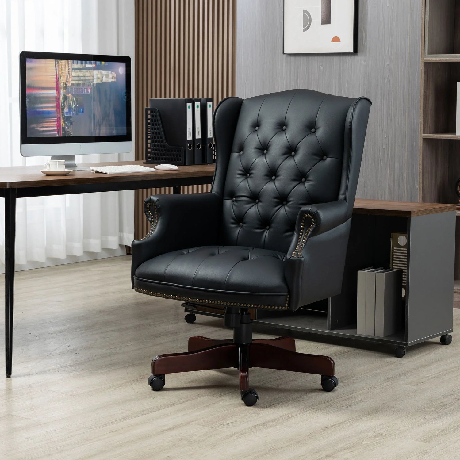 Silla ejecutiva de oficina - Silla de escritorio reclinable y cómoda con respaldo alto - Diseño ergonómico - Asiento y respaldo acolchados - Silla de escritorio de cuero sintético con ruedas giratorias de deslizamiento suave, 1 paquete, color negro